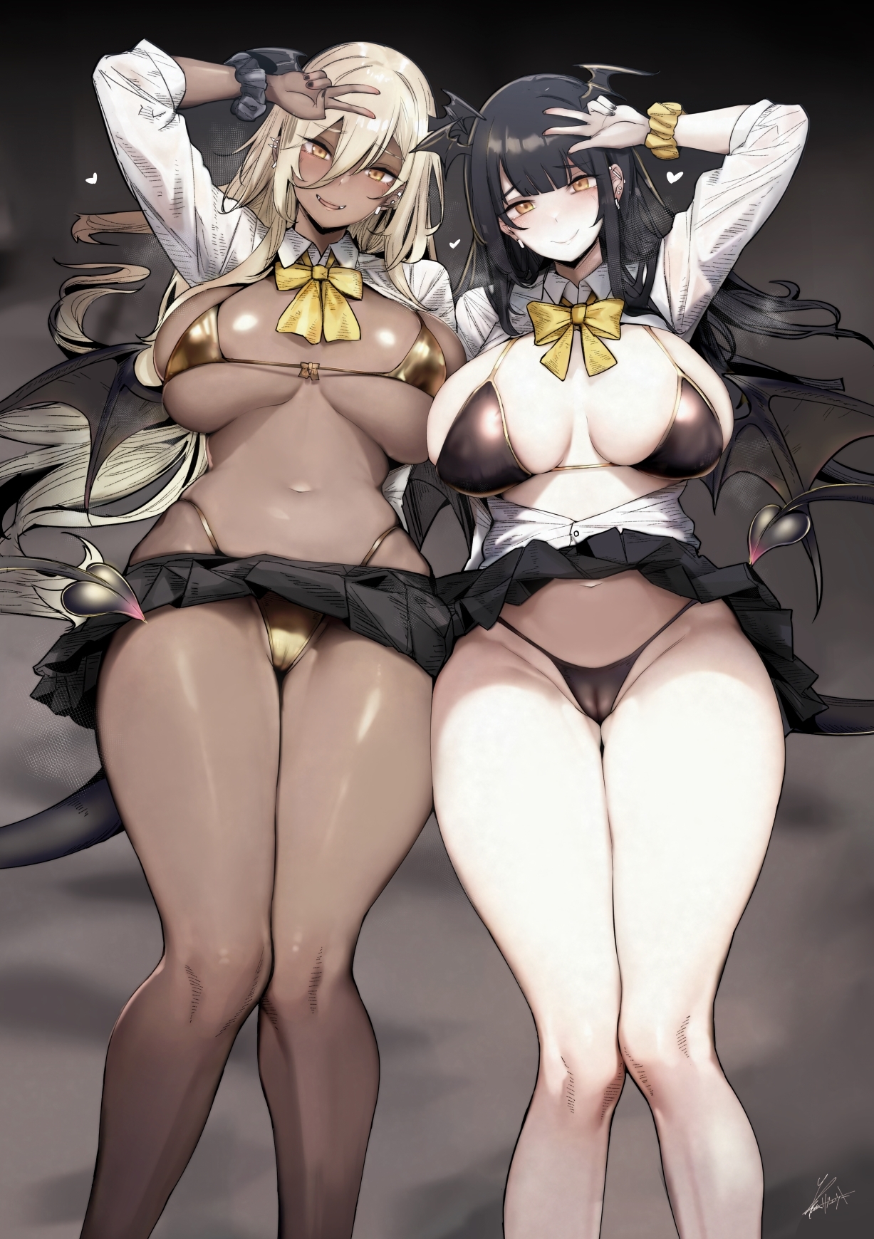 2girls, bikini, black hair, blonde hair, bowtie, breasts, breasts apart, cameltoe, chocolate and vanilla, collared shirt, dark skin, dark-skinned female, demon, feet out of frame, female, gyaru, huge breasts, light skin, light-skinned female, long hair, looking at viewer, lying on bed, miniskirt, one arm up, pussy, signature, smile, succubus, thick thighs, upskirt, v, v sign, wide hips, wings on head, yellow eyes