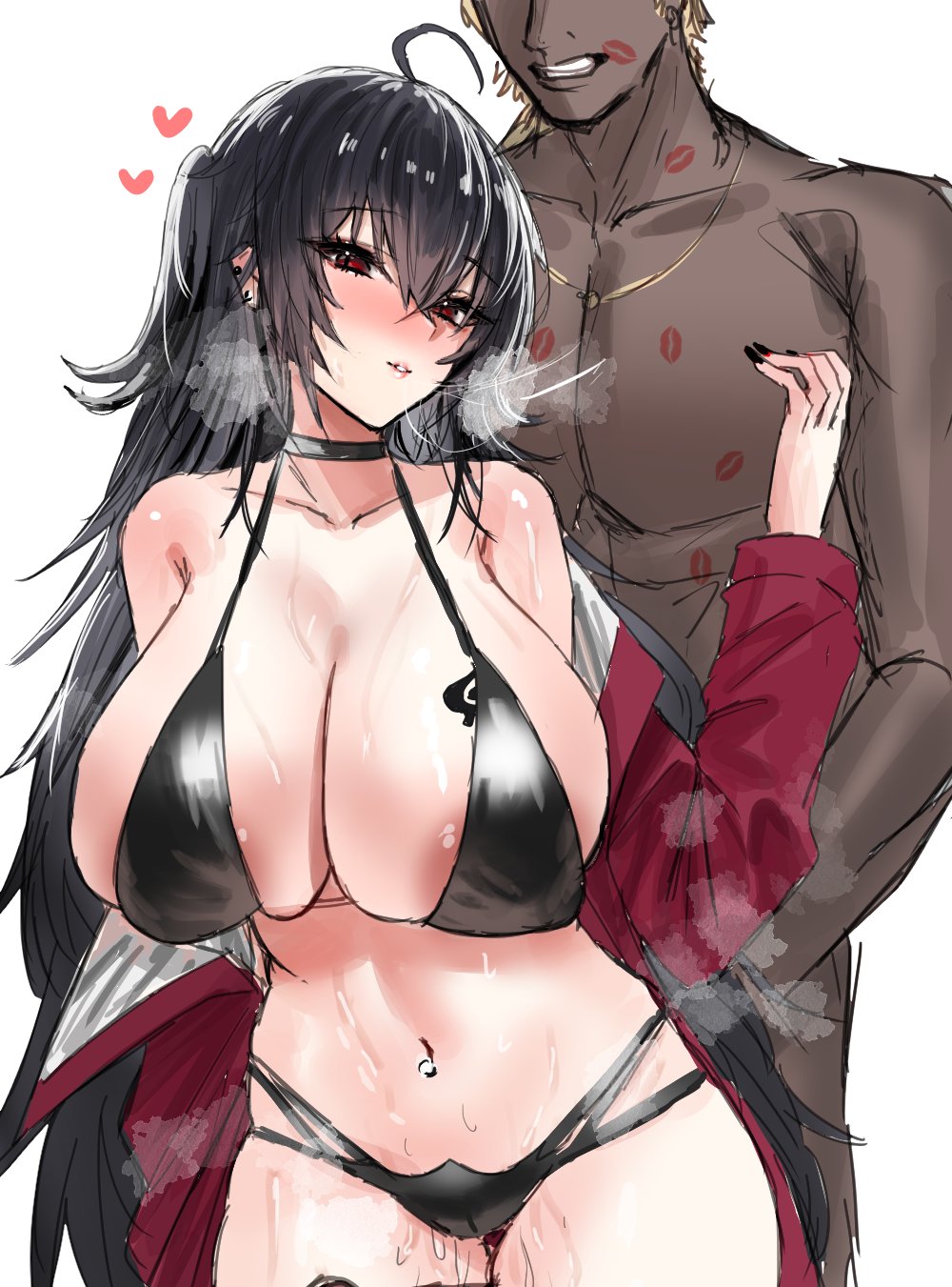 1boy, 1girls, azur lane, bikini, black bikini, black hair, blush, breasts, dark skin, dark-skinned male, female, groping, heart, horn/wood, huge breasts, jacket, jacket open, jacket partially removed, kiss mark, light skin, light-skinned female, lipstick, lipstick mark, long hair, male, qos, queen of spades, red eyes, sakura empire (azur lane), spade tattoo, tagme, taihou (azur lane), taihou (enraptured companion) (azur lane), tattoo, tattoo on chest, thick thighs, twintails, venus body