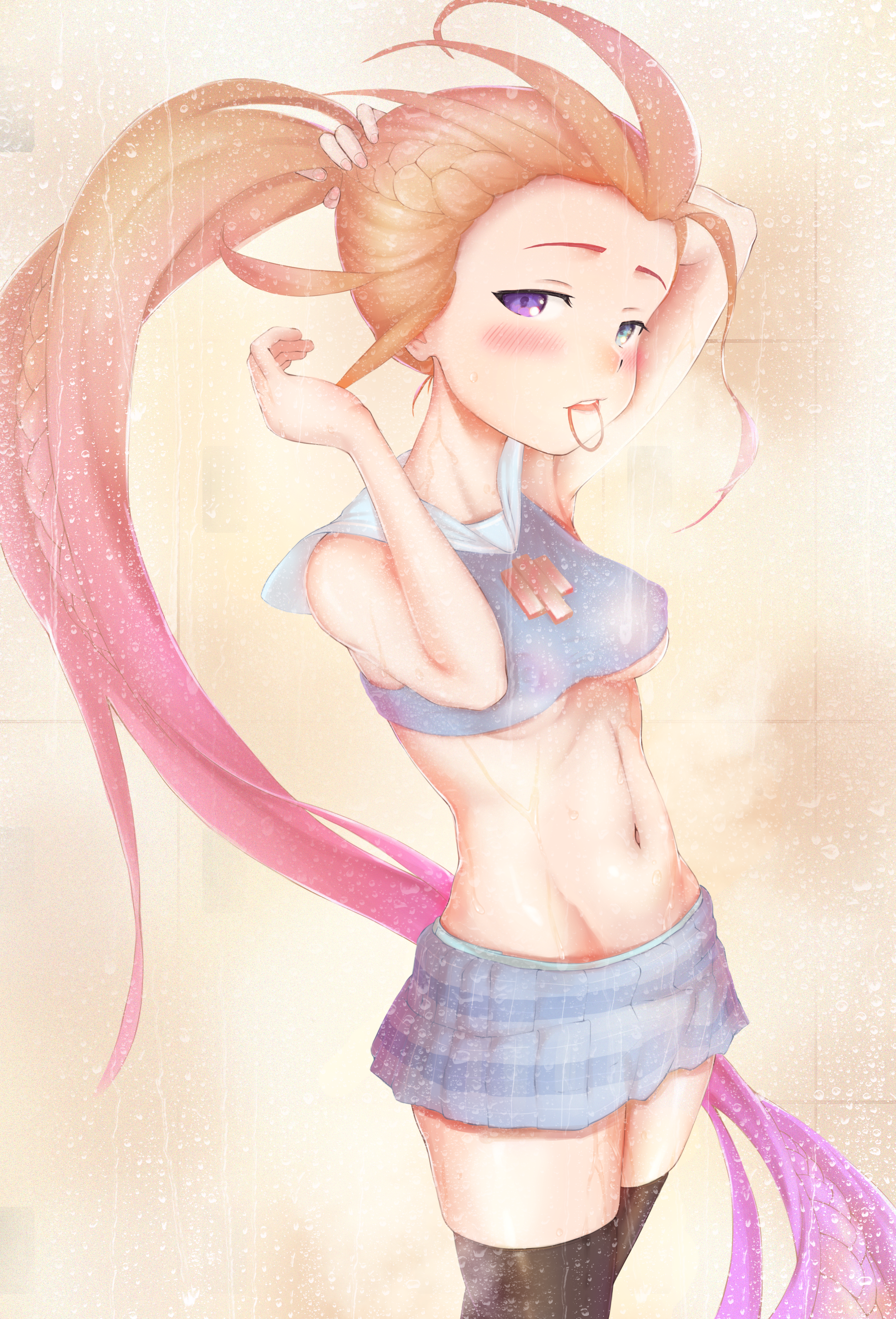 1girls, blush, breasts, female, heterochromia, high resolution, highres, holding breast, league of legends, long hair, looking at viewer, multicolored hair, nipples visible through clothing, solo, solo female, stomach, thighhighs, very long hair, zoe (league of legends)