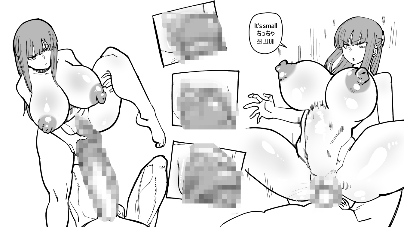 1boy, 1girls, 2koma, areolae, before and after, belly bulge, big breasts, big nipples, big penis, breasts, censored, censored penis, censored pussy, cowgirl position, english, english text, expressionless, female, fern (sousou no frieren), gigantic penis, hair ornament, hotsaurus, huge breasts, huge cock, insertion, japanese text, korean text, large breasts, large penis, long hair, male, monochrome, mosaic censoring, nipples, penis, penis in pussy, penis insertion, pussy, sex, sousou no frieren, stark (sousou no frieren), stomach bulge, stomach deformation, text, text bubble, voluptuous female, white background