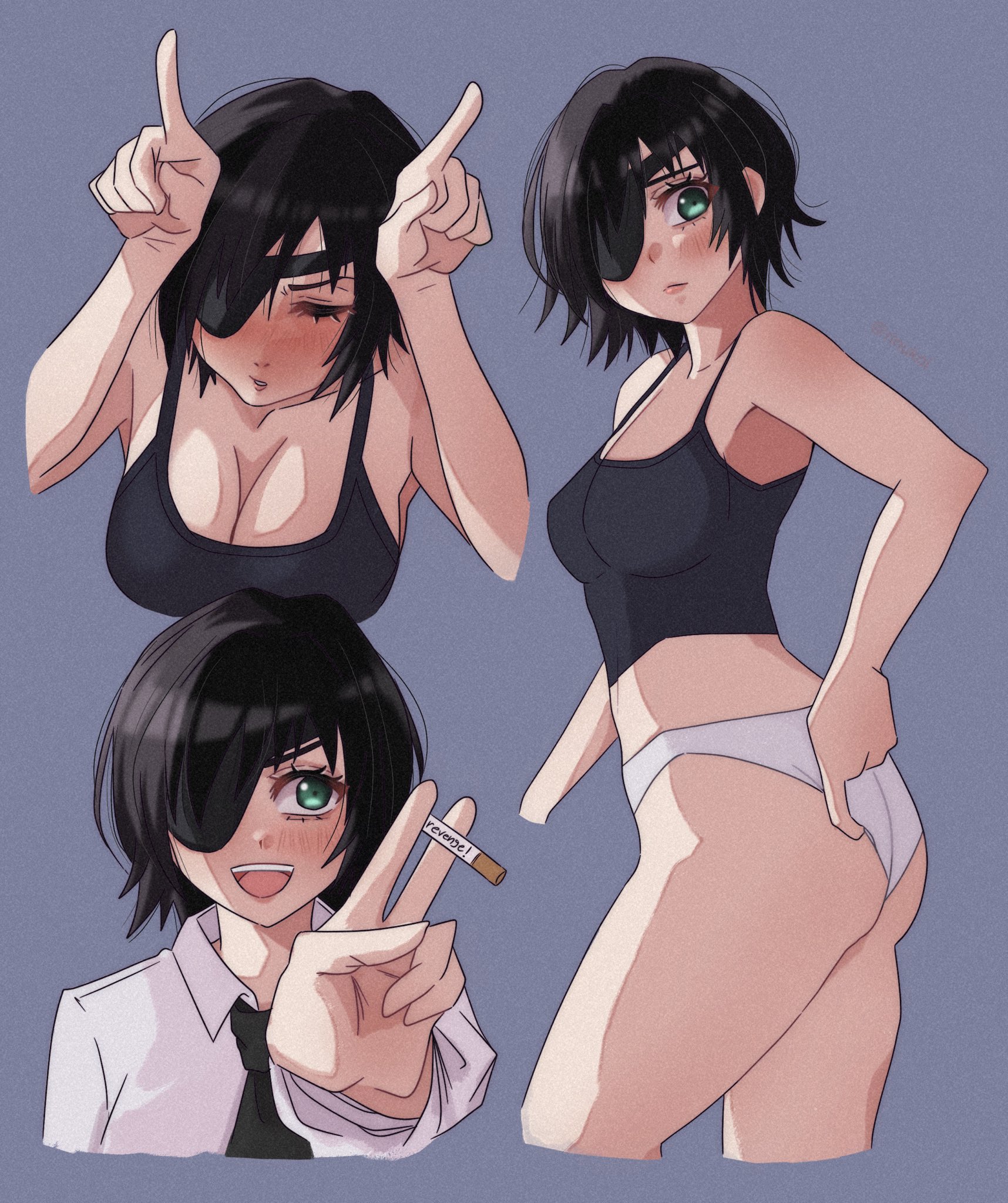 1girls, ass, big ass, big breasts, blush, breasts, chainsaw man, character sheet, cigarette, cleavage, cute, easy revenge, female, female only, himeno (chainsaw man), index finger raised, light skin, light-skinned female, mappa, panties, rikanipaa, smile, wholesome