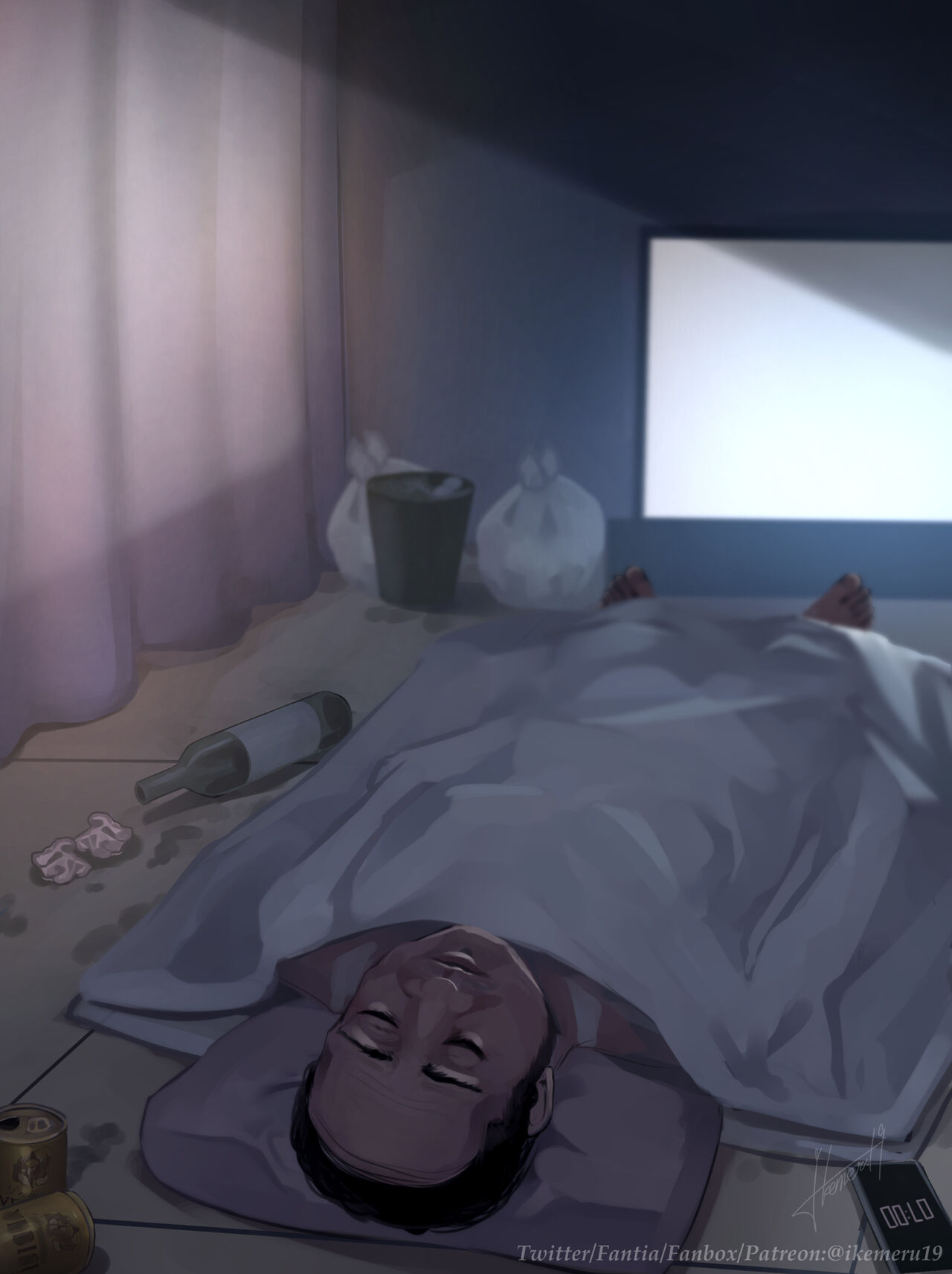 1boy drink hi_res highres ikemeru19 phone room sleeping the_ring tv tv_screen