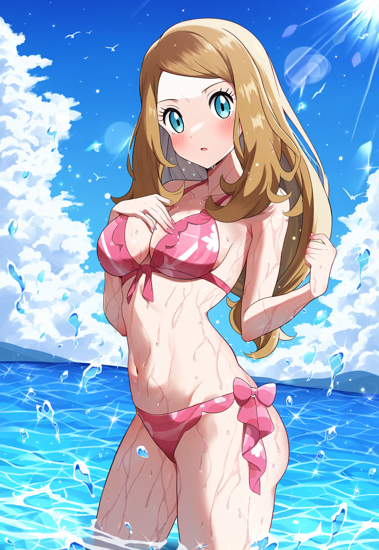 ai generated, bangs, bikini, bird, blue eyes, blue sky, blush, breasts, brown hair, cleavage, cloud, day, female, front-tie top, lens flare, long hair, looking at viewer, medium breasts, navel, ocean, outdoors, parted bangs, pink bikini, pokegirl, pokemon, serena (pokemon), sky, solo, standing, swimsuit, wading, water, wet