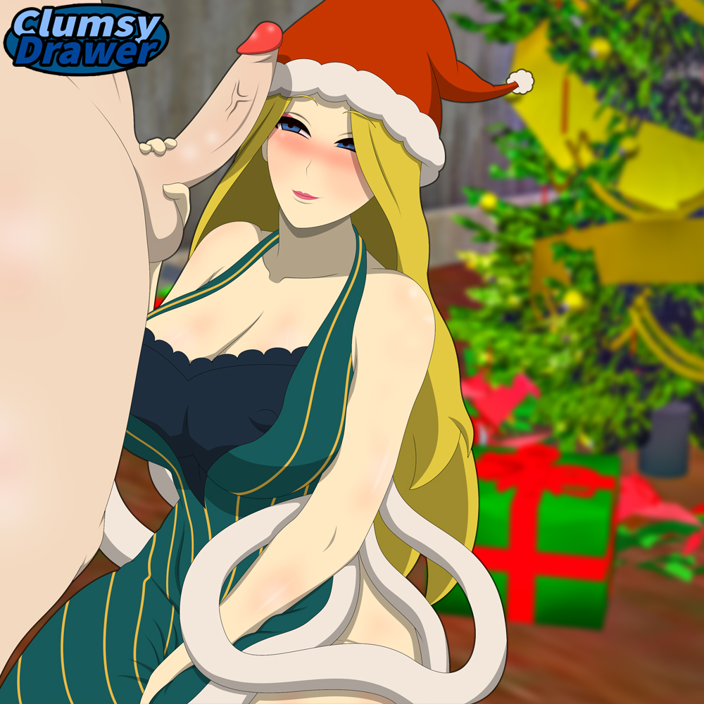 1:1 1boy 1girls blonde_hair blue_eyes blush breeze_dancer christmas clothed clumsydrawer dress erect_nipples erect_nipples_under_clothes eyeshadow holding_penis kneeling lipstick logo looking_at_penis naruto naruto_online santa_hat self_upload smile video_game_character