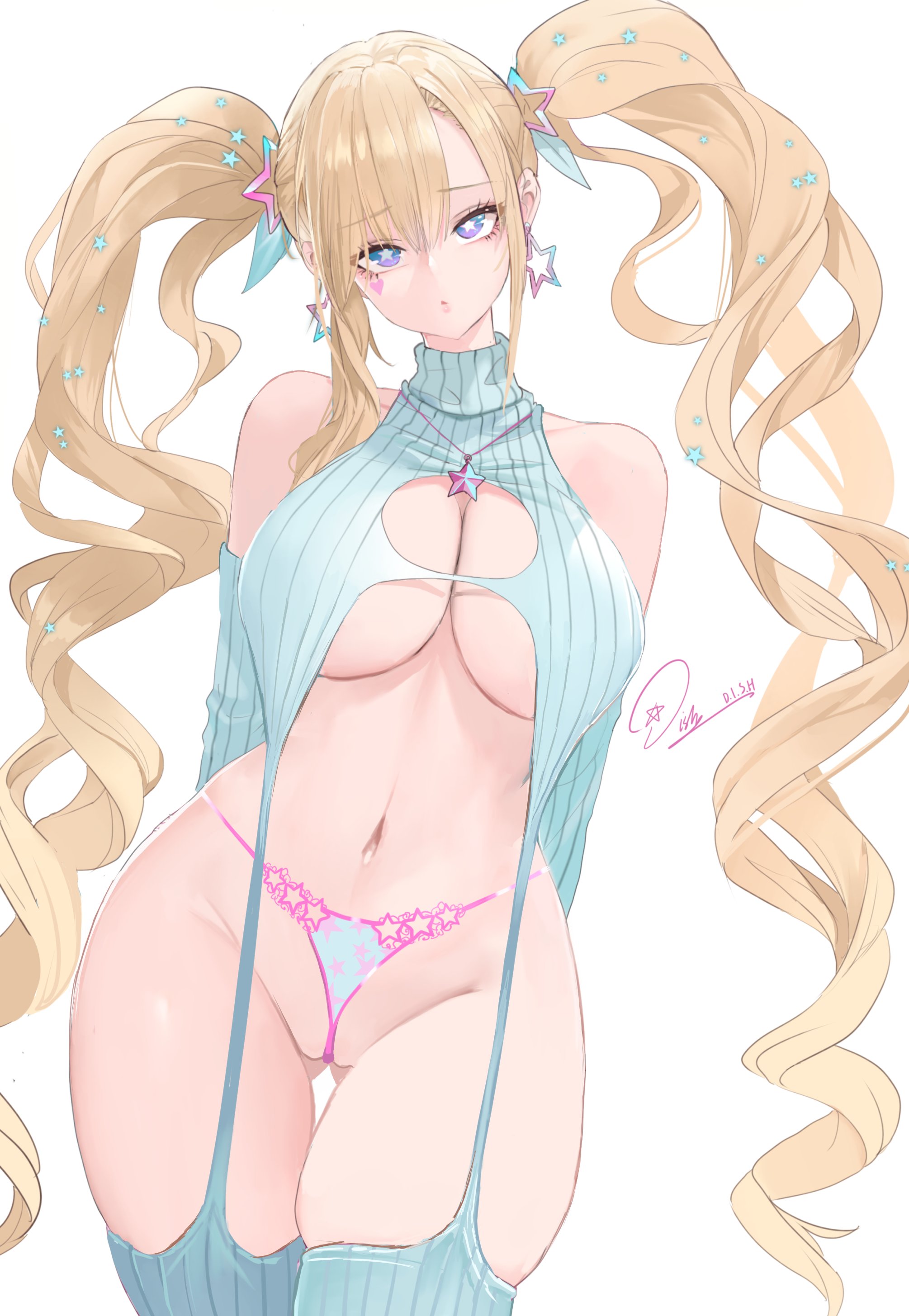 1girls, alternate version available, azur lane, blonde hair, blue eyes, breasts, cleavage, dishwasher1910, eagle union (azur lane), female, female only, garter straps, guam (azur lane), huge breasts, light skin, light-skinned female, long hair, png version available, solo, star-shaped pupils, symbol-shaped pupils, thighhighs, twintails, virgin destroyer sweater