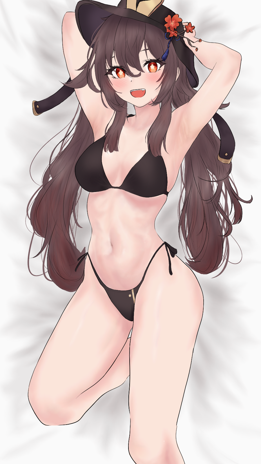 1girls artist_request ass bikini bikini_bottom bikini_bottom_only bikini_only bikini_top bikini_top_only brown_hair female female_only female_solo genshin_impact hat hat_only hu_tao_(genshin_impact) long_hair solo solo_female solo_only wearing_hat