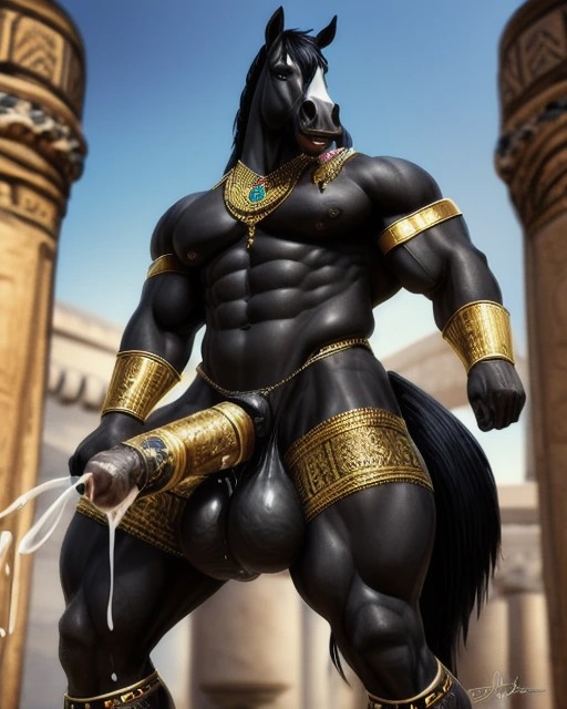 ai_generated anthro egyptian equid equine gold_bracelet gold_jewelry horse horse_penis horsecock huge_balls huge_cock lonely_man monster monster_cock muscular muscular_anthro muscular_male original_character xenthul