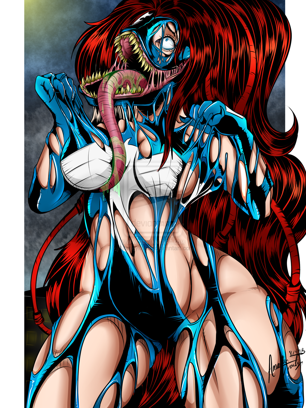 abs corruption female marvel mary_jane_watson red_hair scared_expression solo_female symbiote symbiote_takeover transformation venom_(marvel)