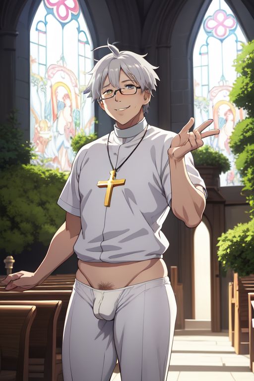 ai_generated ai_hands bulge christianity church church_interior cross gay glasses gordon_the_organist grey_hair male pants_down priest pubic_hair_peek stable_diffusion stained_glass