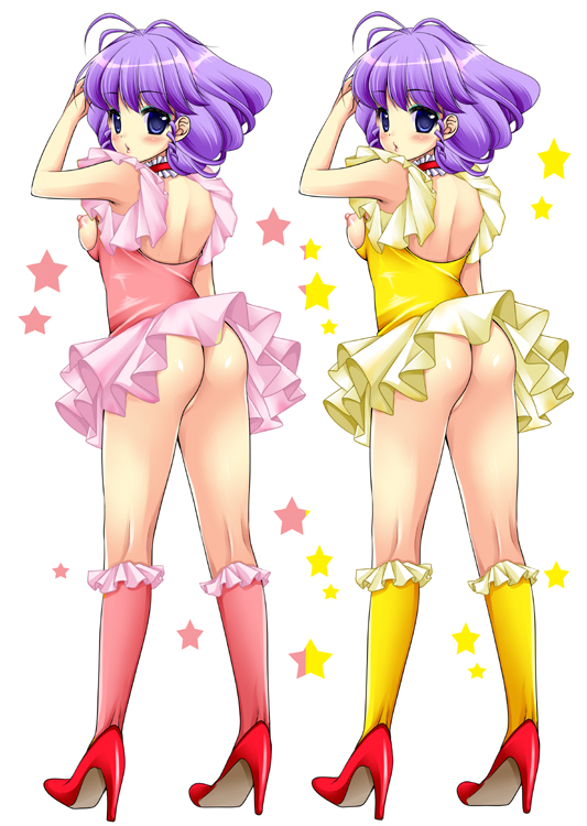 2010 2girls ass blush breasts creamy_mami drill_hair female high_heels human idol large_breasts light-skinned_female light_skin looking_at_viewer magical_angel_creamy_mami magical_girl multiple_girls nipples purple_hair sakura_hanatsumi short_hair skirt standing yuu_morisawa