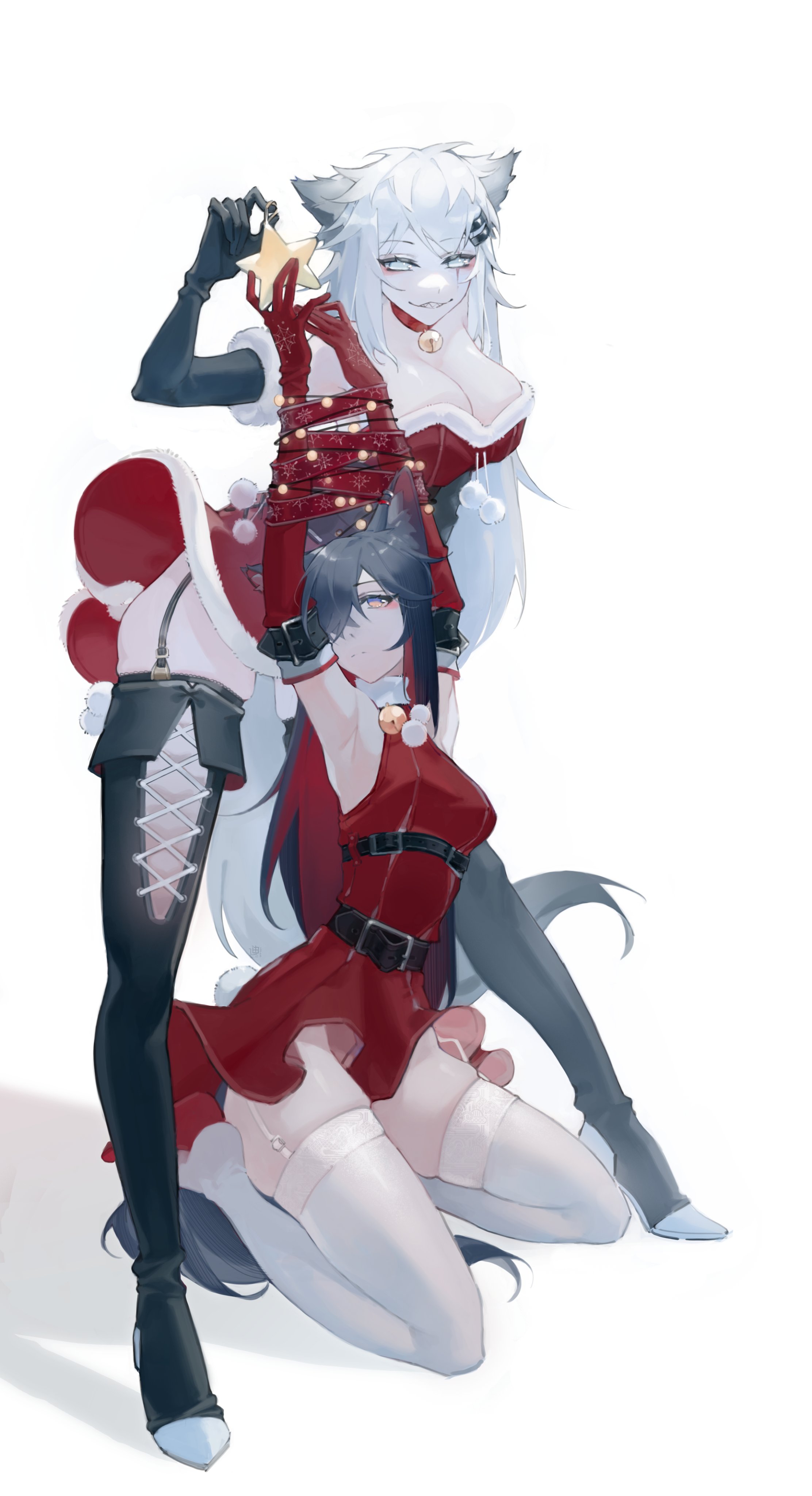 2girls, animal ears, animal tail, arknights, artist request, black hair, breasts, christmas, christmas outfit, female, lappland (arknights), large breasts, long hair, new year, red dress, short dress, smile, smiling, smiling at viewer, tagme, tagme (artist), texas (arknights), thigh boots, thighs, tied hands, white hair, wolf ears, wolf girl, wolf tail