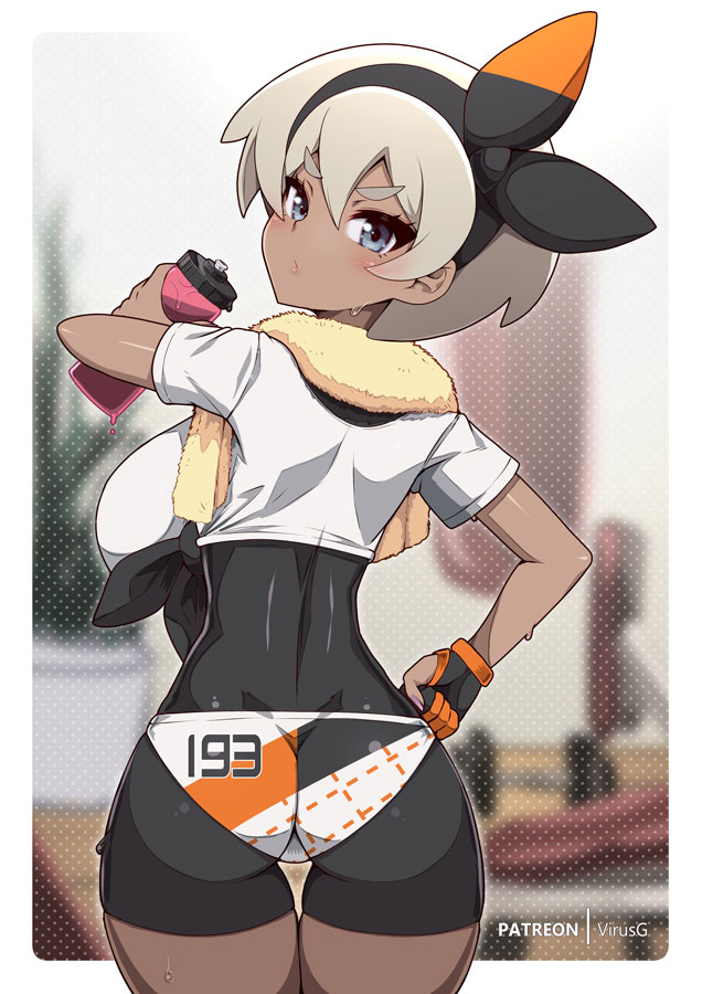 1girls, ass, back, bea (pokemon), big breasts, blush, breasts, clothed, clothing, dark skin, dark-skinned female, female, female focus, female only, game freak, gym, gym clothes, gym leader, looking at viewer, looking back, nintendo, pokemon, pokemon ss, short hair, solo, solo female, sweat, tomboy, towel, virus-g, white hair