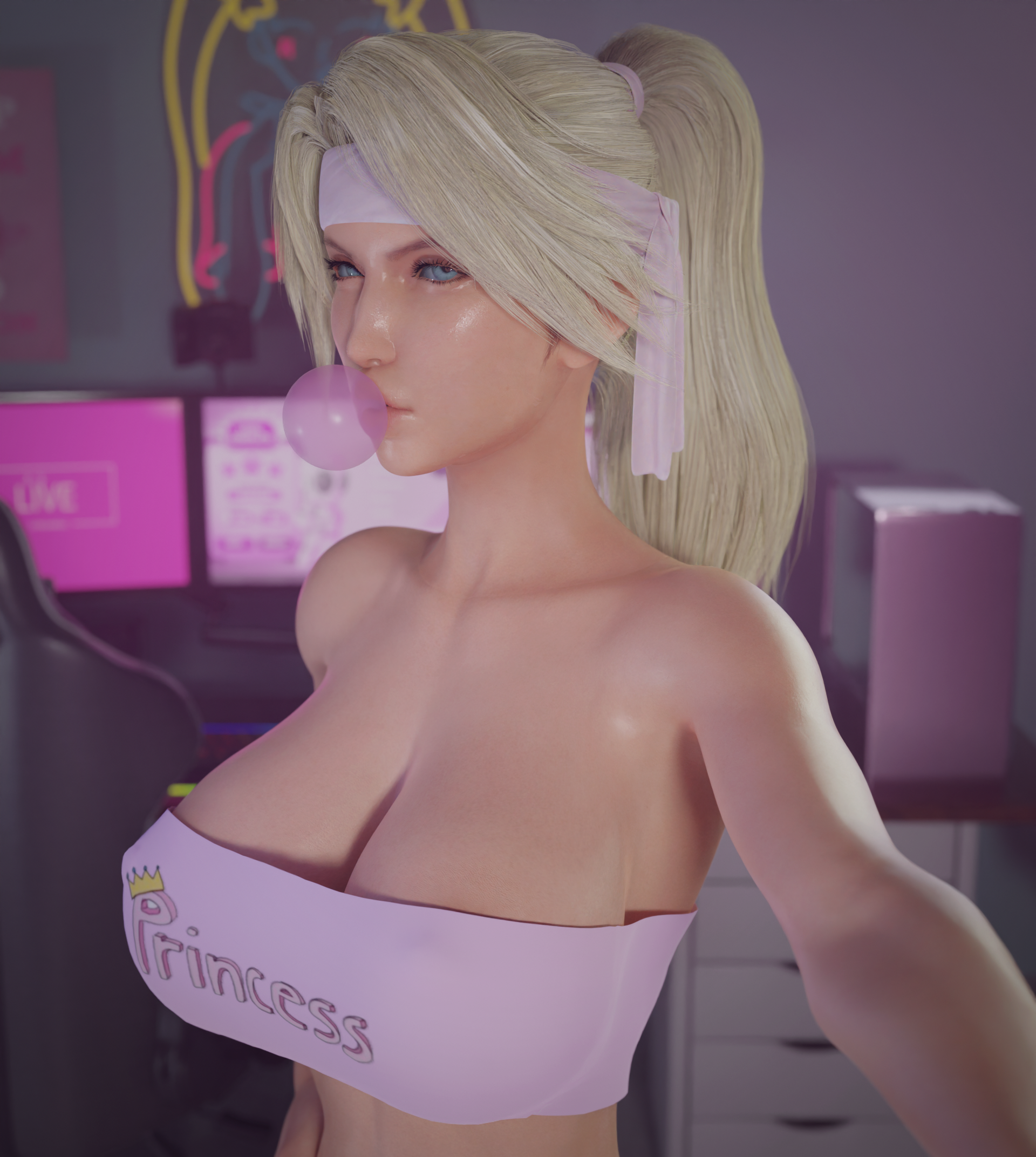 1girls, 3d, alternate hair color, big breasts, bimbo, bimbofication, blonde, blonde female, blonde hair, blonde-haired female, blue eyes, breasts, bubble gum, cleavage, egirl, fake breasts, female, female only, final fantasy, final fantasy vii, final fantasy vii remake, headband, jessie rasberry, long hair, ponytail, solo, square enix, theabyssx, tied hair, yellow hair