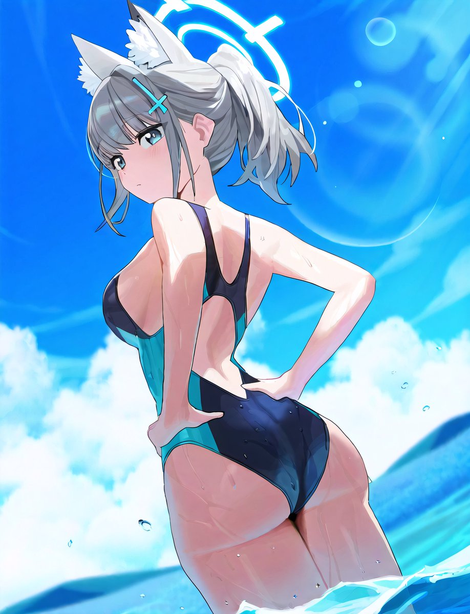 1girls abydos_high_school_student ai_generated ass blue_archive blue_eyes blue_sky breasts bubble_ass bubble_butt foreclosure_task_force_(blue_archive) from_behind halo hands_on_hips nai_diffusion ocean one-piece_swimsuit ponytail rear_view shiroko_(blue_archive) shiroko_(swimsuit)_(blue_archive) sideboob solo stable_diffusion swimsuit wolf_ears wolf_girl