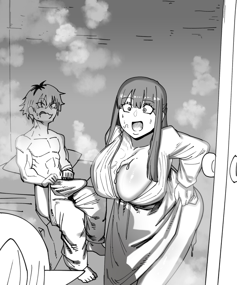 1boy, 2girls, after sex, answering door, bed, big breasts, breasts, cum, cum drip, cum inside, cum on breasts, elf, elf ears, erect penis, erection, erection under clothes, female, fern (sousou no frieren), frieren, hotsaurus, huge breasts, implied oral, implied sex, in bed, large breasts, male, monochrome, muscular, muscular male, paizuri, partially clothed, penis, pubic hair, pubic hair on face, sex, sousou no frieren, stark (sousou no frieren), straight, stray pubic hair, surprised, voluptuous