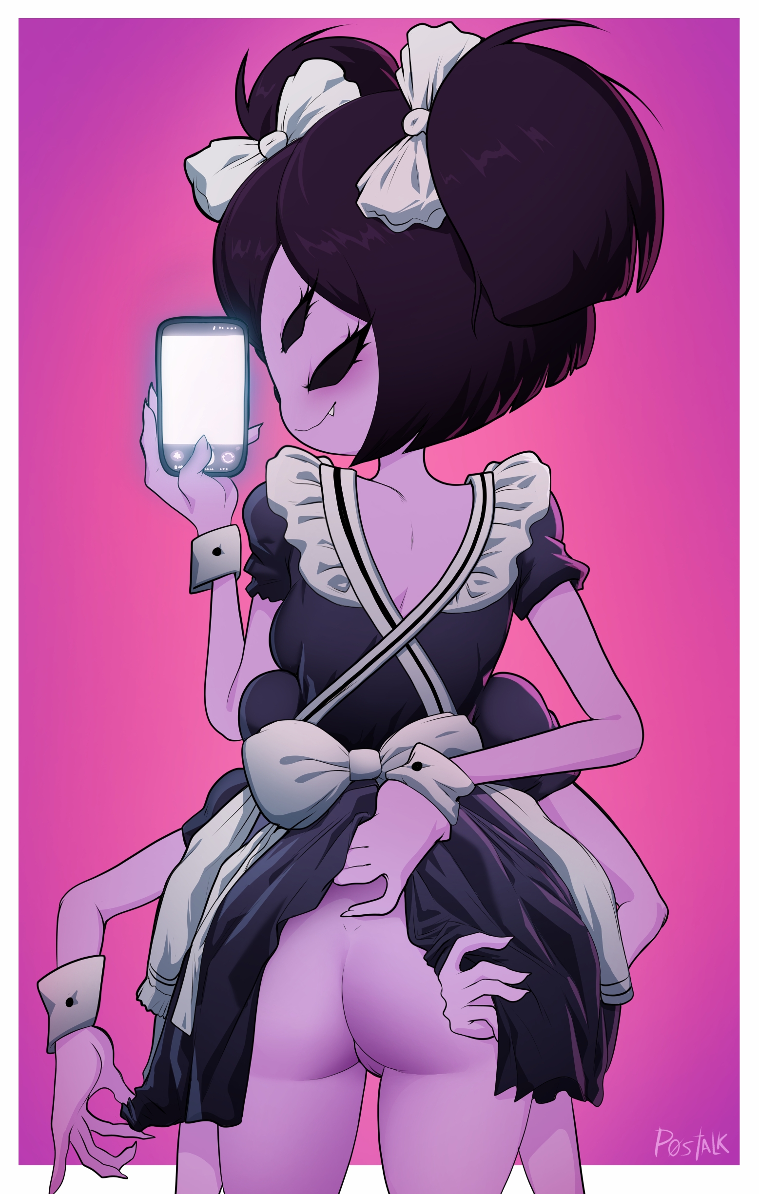 anthro, ass, hi res, maid, maid uniform, malicious smile, muffet, p0stalk, picture, purple skin, pussy, semi nude, simple background, smartphone, spider, twitter link, undertale, undertale (series), watermark