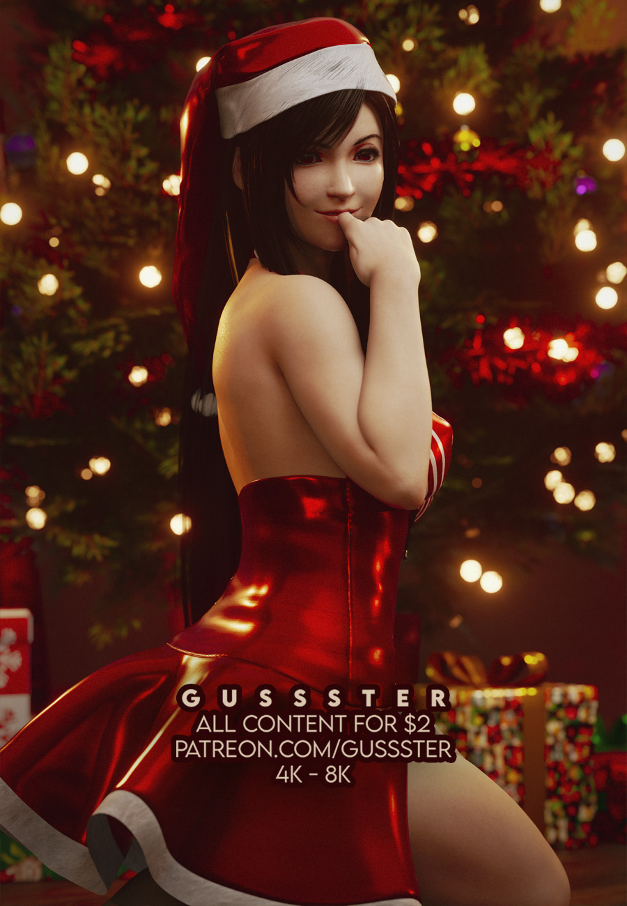 1female 1girls 3d breasts christmas christmas_outfit dress eye_contact female female_focus female_only final_fantasy final_fantasy_vii final_fantasy_vii_remake gussster light_skin minidress miniskirt tifa_lockhart