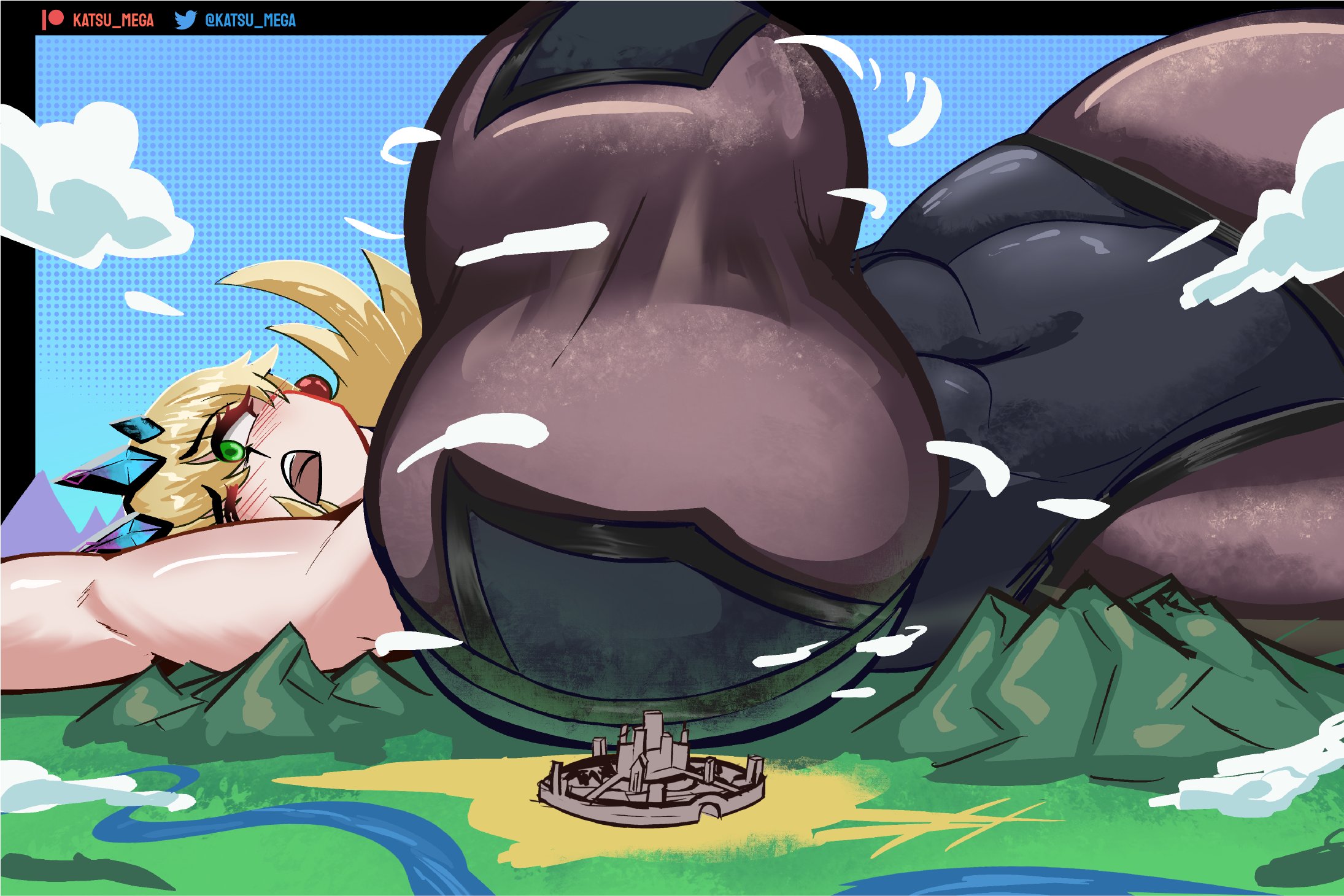 1girls, 2d, abs, barghest (gawain) (fate), breasts, clothed female, color, fate (series), female, giantess, huge breasts, katsu mega, laying down, macro, outside