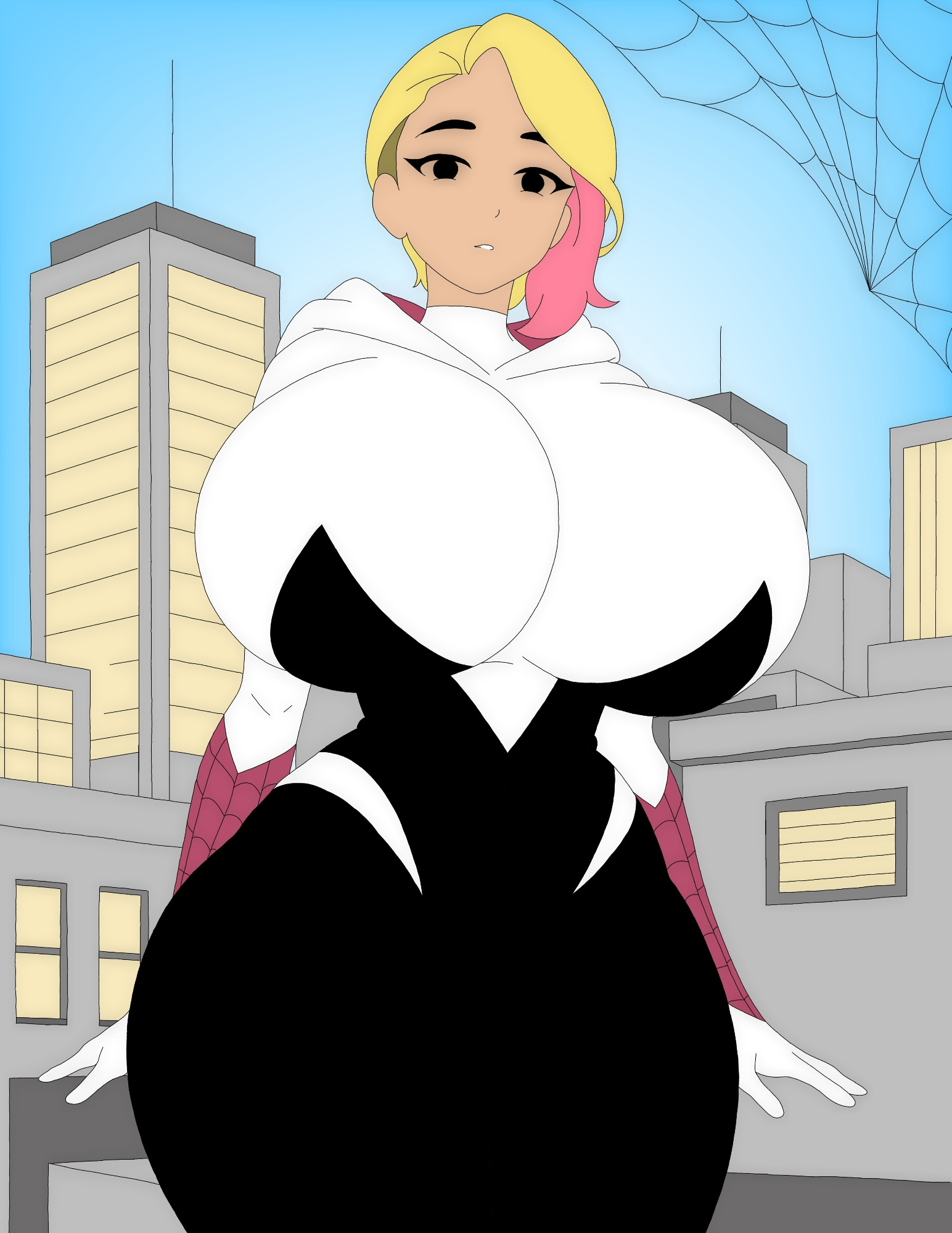 artvi, black bodysuit, blonde hair, bodysuit, breasts bigger than head, cartoon, city, exaggerated proportions, female, ghost-spider, gigantic breasts, girly, gwen stacy, huge breasts, hyper breasts, impossible proportions, looking at viewer, marvel, open mouth, outside, pink hair streak, rooftop, sexy, solo, spider-gwen, spider-suit, surprised, thick thighs, western cartoon, white hoodie, wide hips