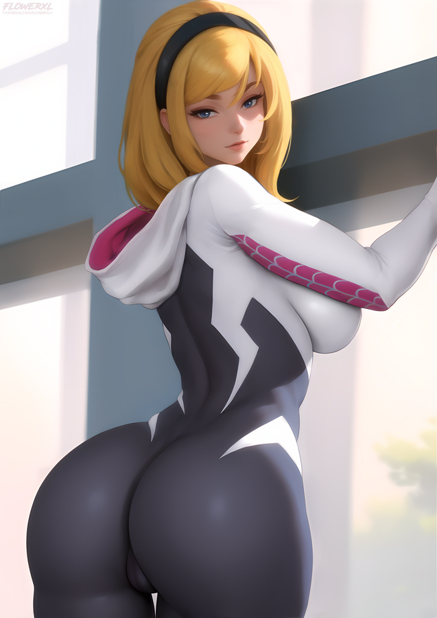 1girls ass ass_focus big_breasts blonde_hair clothed clothing dat_ass fat_ass female female_focus female_only flowerxl gwen_stacy hairband looking_at_viewer marvel marvel_comics pawg short_hair solo solo_female spider-gwen spider-man_(series) superheroine tagme window