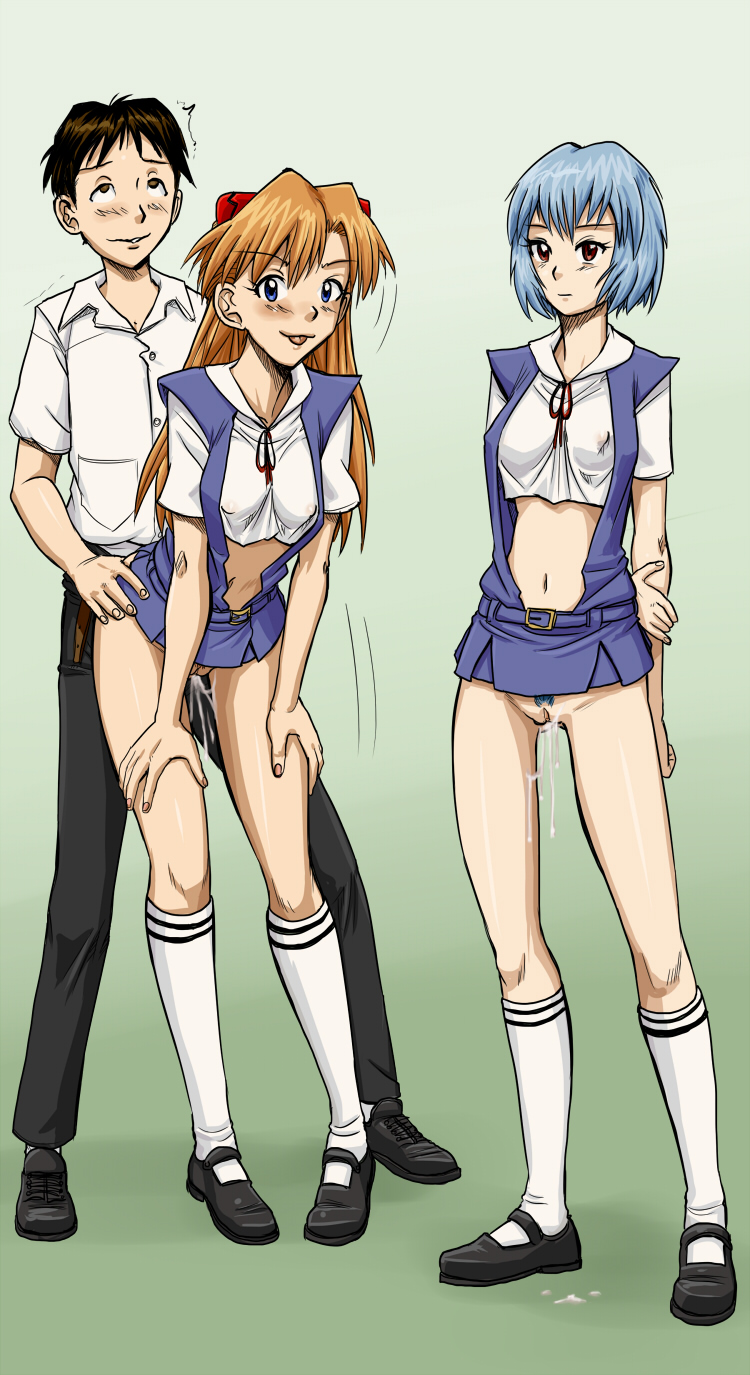 2girls, asuka langley sohryu, blue hair, blush, bottomless, breasts, clothed sex, clothes, clothing, creampie, cum, cum inside, erect nipples, erect nipples under clothes, female, flats, fucked silly, full body, gainax, human, light skin, light-skinned female, long hair, male, mary janes, microskirt, navel, neon genesis evangelion, nipples, no panties, orange hair, pale skin, pale-skinned female, pubic hair, pussy, rei ayanami, revealing clothes, school uniform, sex, shinji ikari, shoes, short hair, skirt, skirt lift, small breasts, socks, spidu, standing sex, straight, vaginal penetration