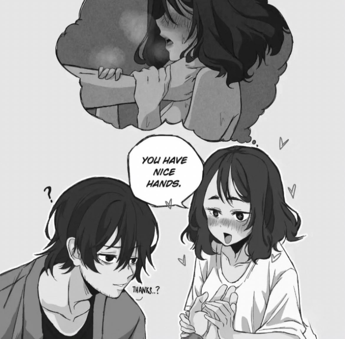 1boy, 1girls, asphyxiation, choking, english text, female, greyscale, heart, holding hands, male, maledom, monochrome, original, straight, thought bubble