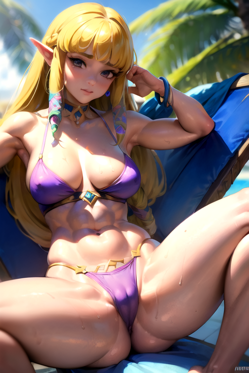 abs ai_generated aiposter beach bikini blonde_hair breasts cameltoe long_hair muscular muscular_female princess_zelda skyward_sword spread_legs sun_lounger the_legend_of_zelda zelda_(skyward_sword)