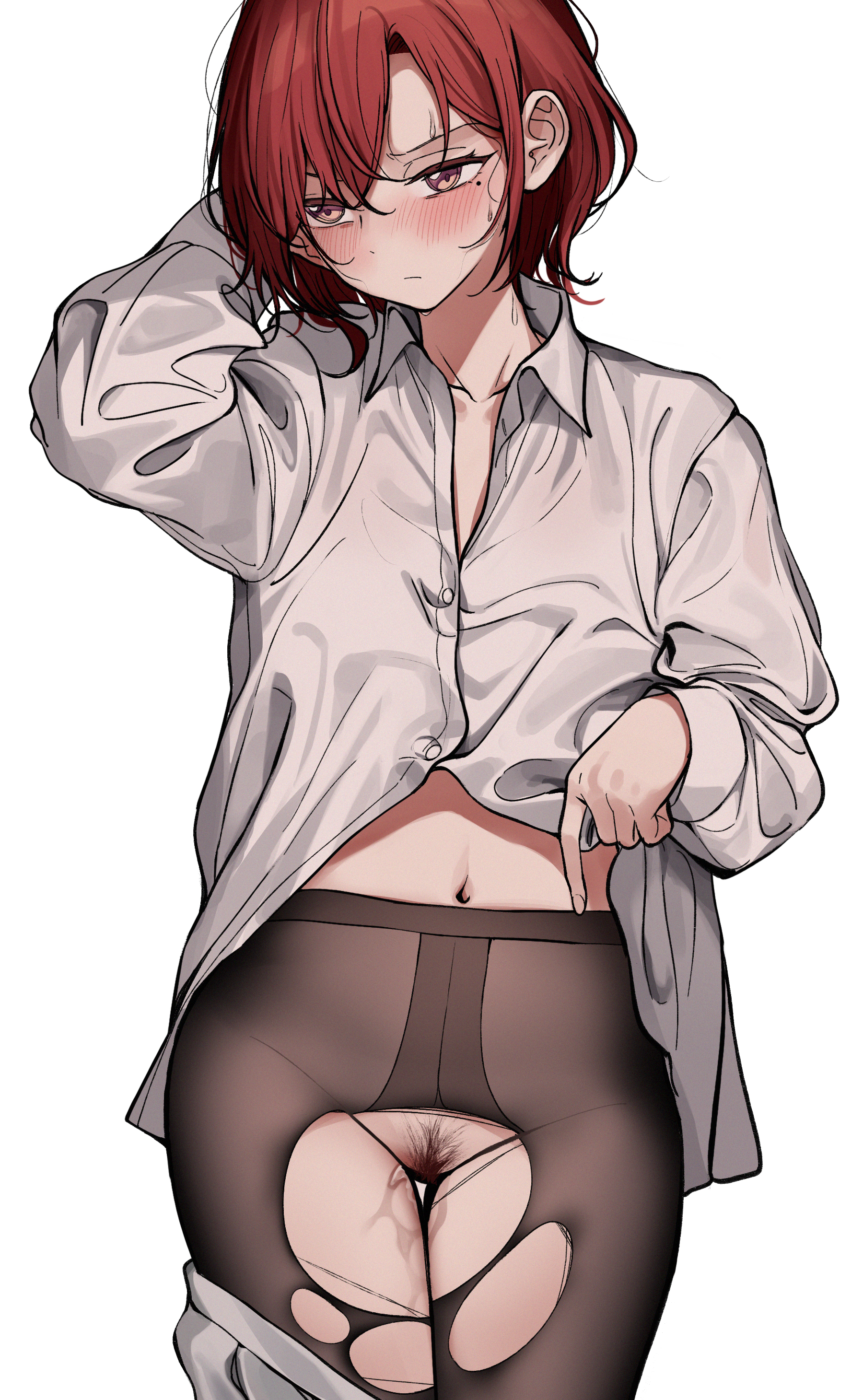 blush, dress shirt, female, higuchi madoka, idolmaster, nakamura rohane, no panties, pantyhose, pussy, pussy juice, ripped clothing, the idolm@ster, torn pantyhose, wet pussy