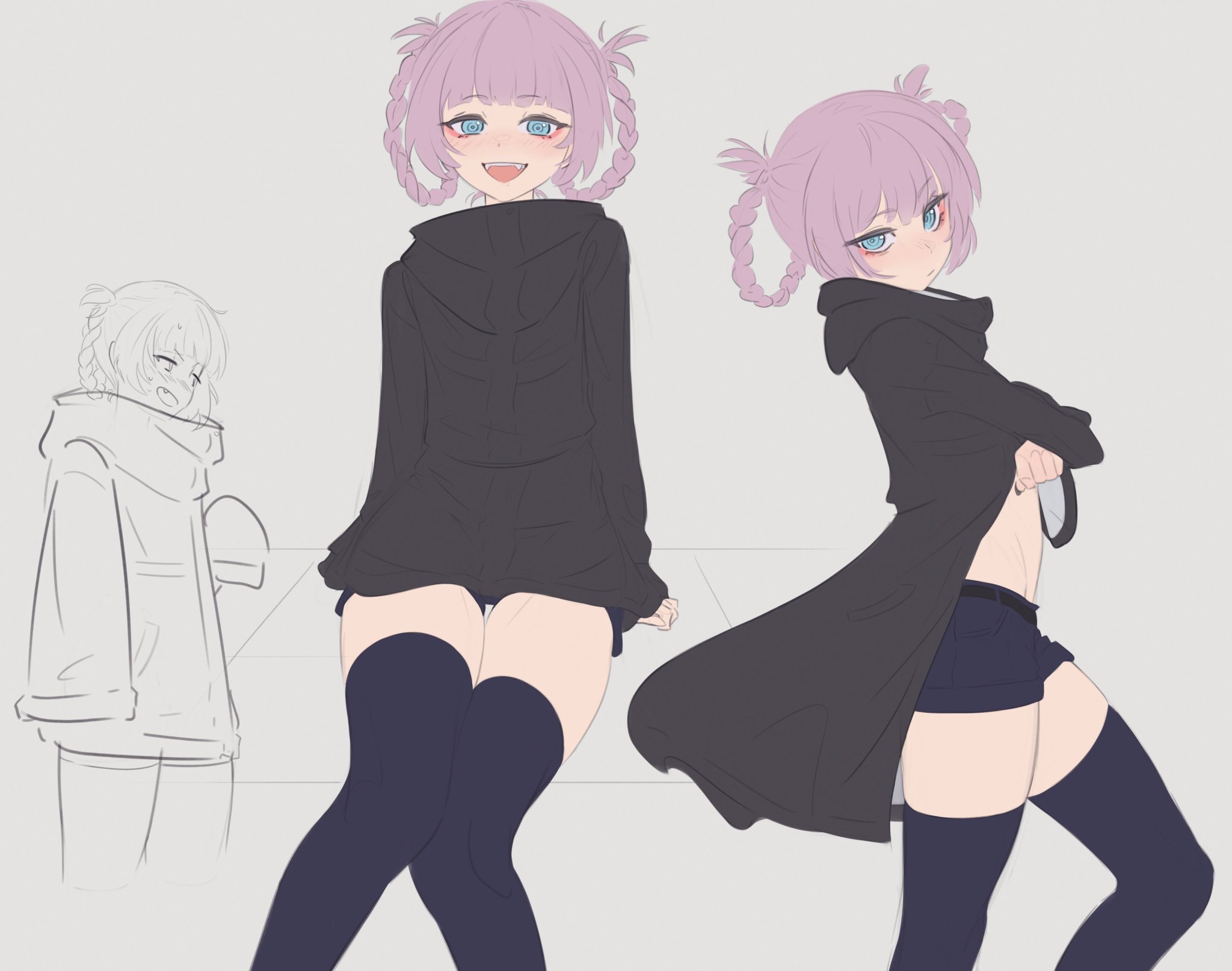 :d, anonds31, black nails, blue eyes, breasts, clothed, coat, eyeshadow, female, female focus, female only, flat chest, lewd, nanakusa nazuna, pale skin, pigtails, pink hair, short shorts, small breasts, solo, solo focus, tagme, thighs, vampire, yofukashi no uta