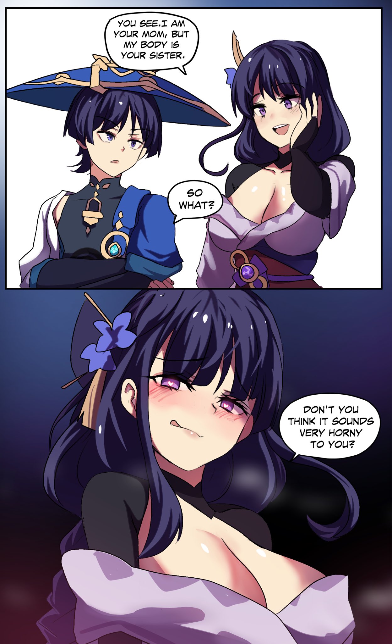 1boy, 1girls, comic, female, genshin impact, hinghoi, implied incest, male, mother and son, raiden shogun, scaramouche (genshin impact), tagme