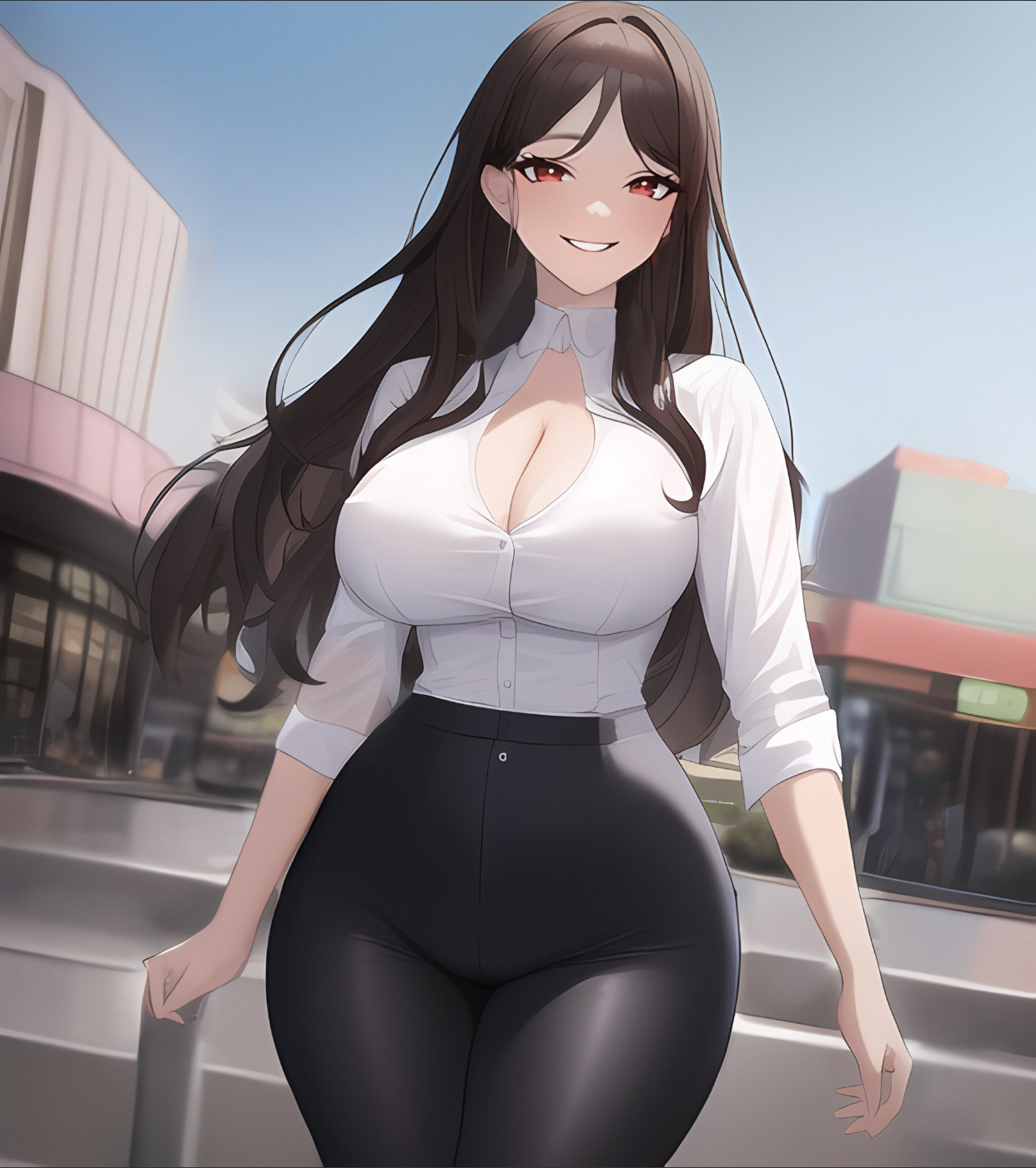 1girls, ai generated, big breasts, black legwear, blouse, boob window, breasts, brown hair, business woman, child bearing hips, cleavage, cleavage cutout, collar, deep cleavage, eyelashes, eyeliner, female, female only, hi res, long hair, makeup, nai diffusion, original, red eyes, shirt, smile, stable diffusion, stuffyai, thick thighs, tight clothing, tight fit, very long hair, wide hips