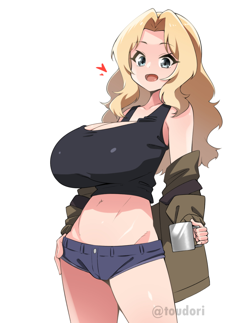 alternate breast size, artist name, blonde hair, blue eyes, breasts, coffee, coffee mug, cup, female, girls und panzer, heart, holding, holding cup, huge breasts, jacket, kay (girls und panzer), long hair, micro shorts, mug, navel, open mouth, saunders military uniform, short shorts, shorts, simple background, smile, solo, toudori, white background