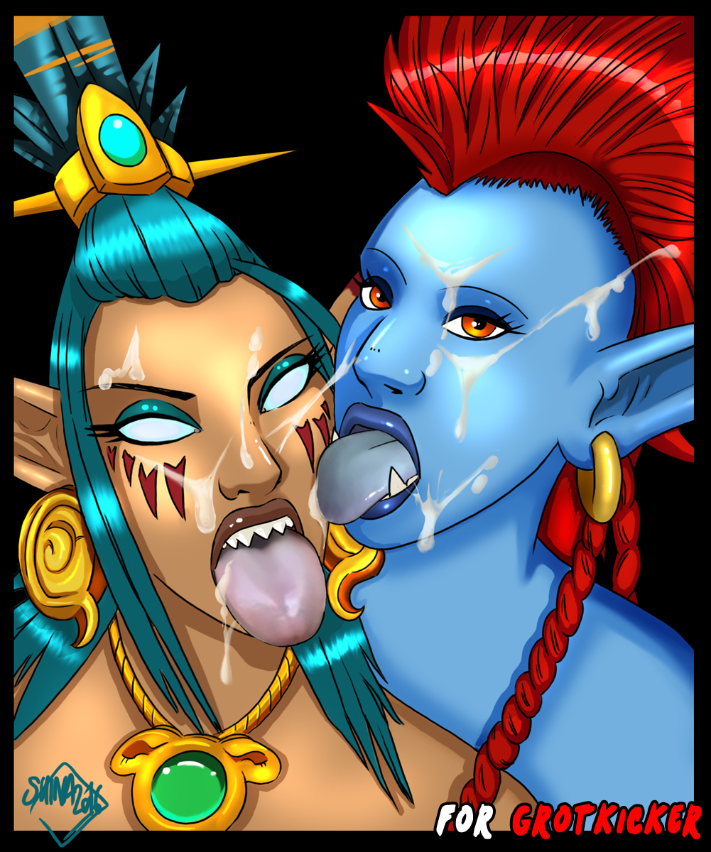 2016 2girls blizzard_entertainment blue_skin cum cum_on_face facial harpy large_breasts licking mohawk multiple_girls original_character red_hair shina tongue_out troll troll_(warcraft) troll_female warcraft world_of_warcraft zazi_(noname55)