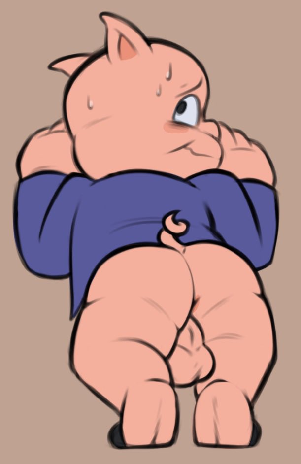 against_surface anthro anus ass balls bent_over bibbidy bodily_fluids clothed clothing domestic_pig genitals looking_at_viewer looney_tunes male male_only mammal partially_clothed pink_body porky_pig presenting presenting_hindquarters solo suid suina sus_(pig) sweat warner_brothers