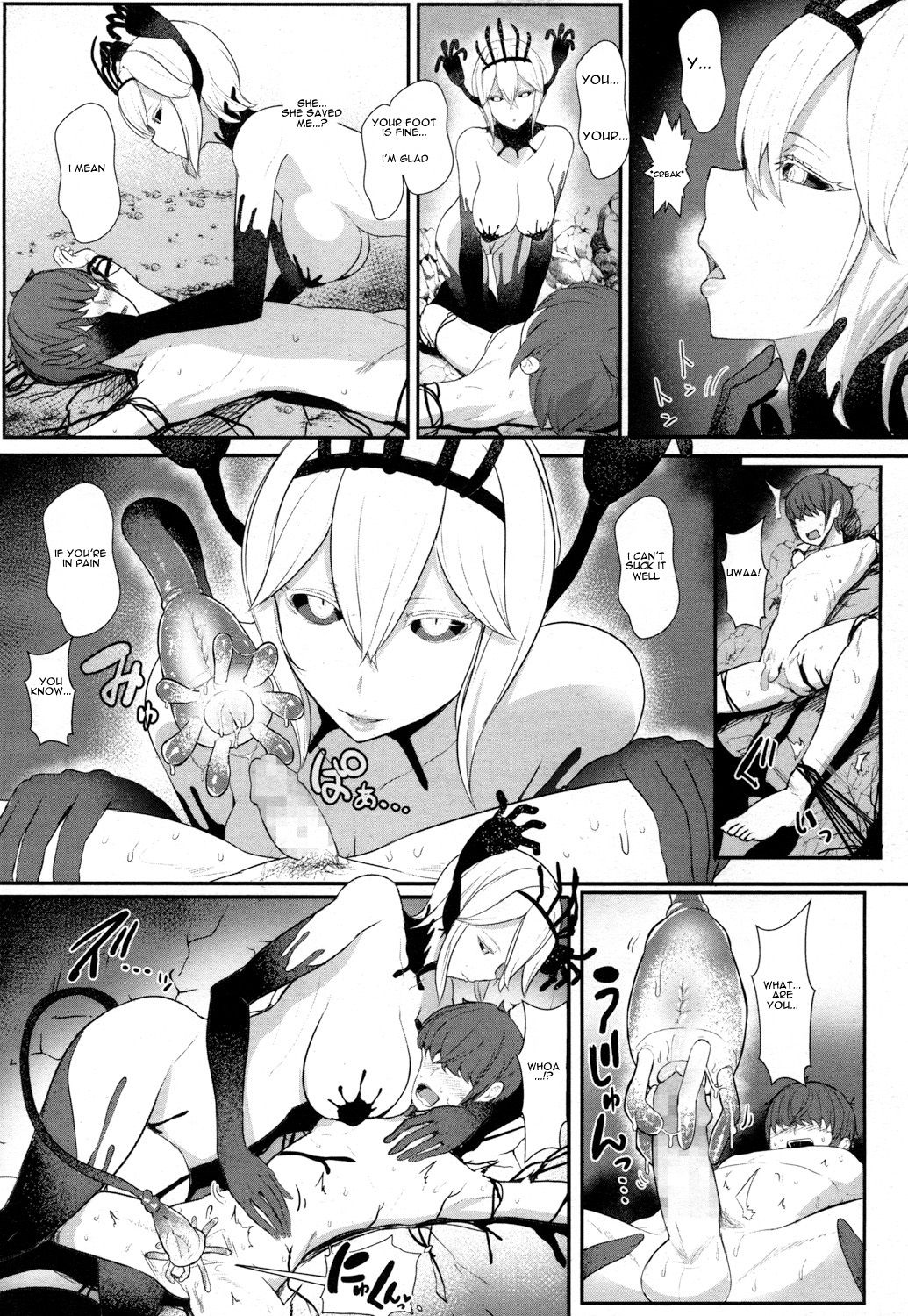 alien alien_girl alien_humanoid big_breasts black_and_white black_liquid black_sclera censored hair_ornament hand_on_head hanging_breasts manga miyamoto_issa mosaic_censoring pasties small_penis sucking sucking_penis sucking_testicles tentacle tentacle_fellatio tentacle_sex tied tied_hands tied_legs voluptuous voluptuous_female white_hair