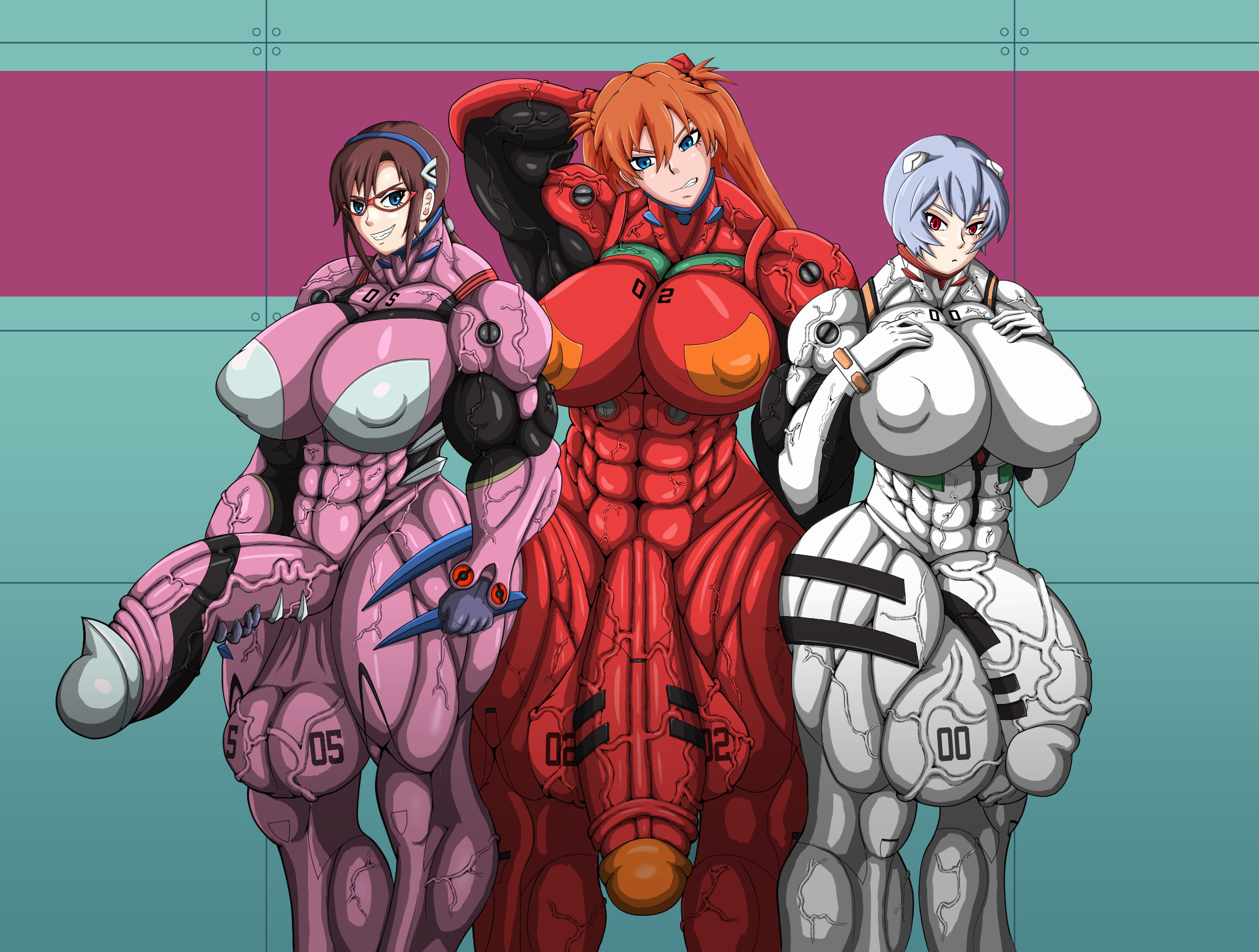 3futas, asuka langley sohryu, balls, bodysuit, breasts, clothed, clothing, dickgirl, erect penis, erection, flaccid, flaccid penis, fully clothed, futa only, futanari, genitalwear, gigantic balls, gigantic testicles, hazel iic, huge breasts, huge cock, huge penis, human, hyper penis, impossible clothes, intersex, large breasts, latex, latex armwear, latex ass, latex bodysuit, latex breasts, latex clothing, latex futa, latex gloves, latex legwear, latex nipples, latex skin, latex skinsuit, latex stockings, latex suit, latex thighhighs, light skin, light-skinned futa, long hair, looking at viewer, mari illustrious makinami, muscles, muscular, muscular futa, neon genesis evangelion, nipples, penis, penis hold, plugsuit, puffy nipples, rebuild of evangelion, rei ayanami, short hair, standing, testicles, thick penis, thick thighs, tight clothing, veiny balls, veiny penis, veiny testicles