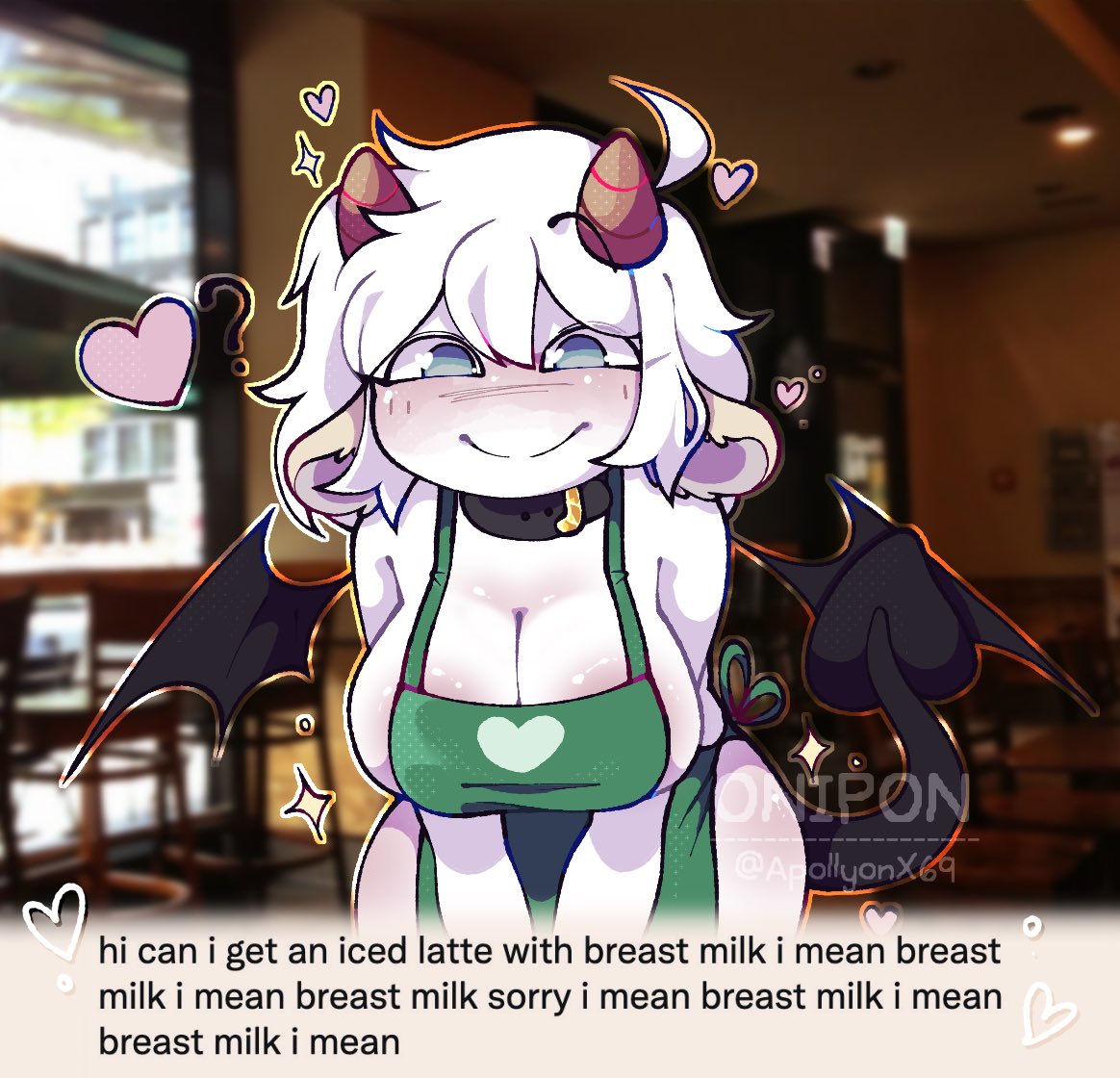 big_breasts blue_eyes breasts horns iced_latte_with_breast_milk meme onipon_(artist) succubus white_body white_hair