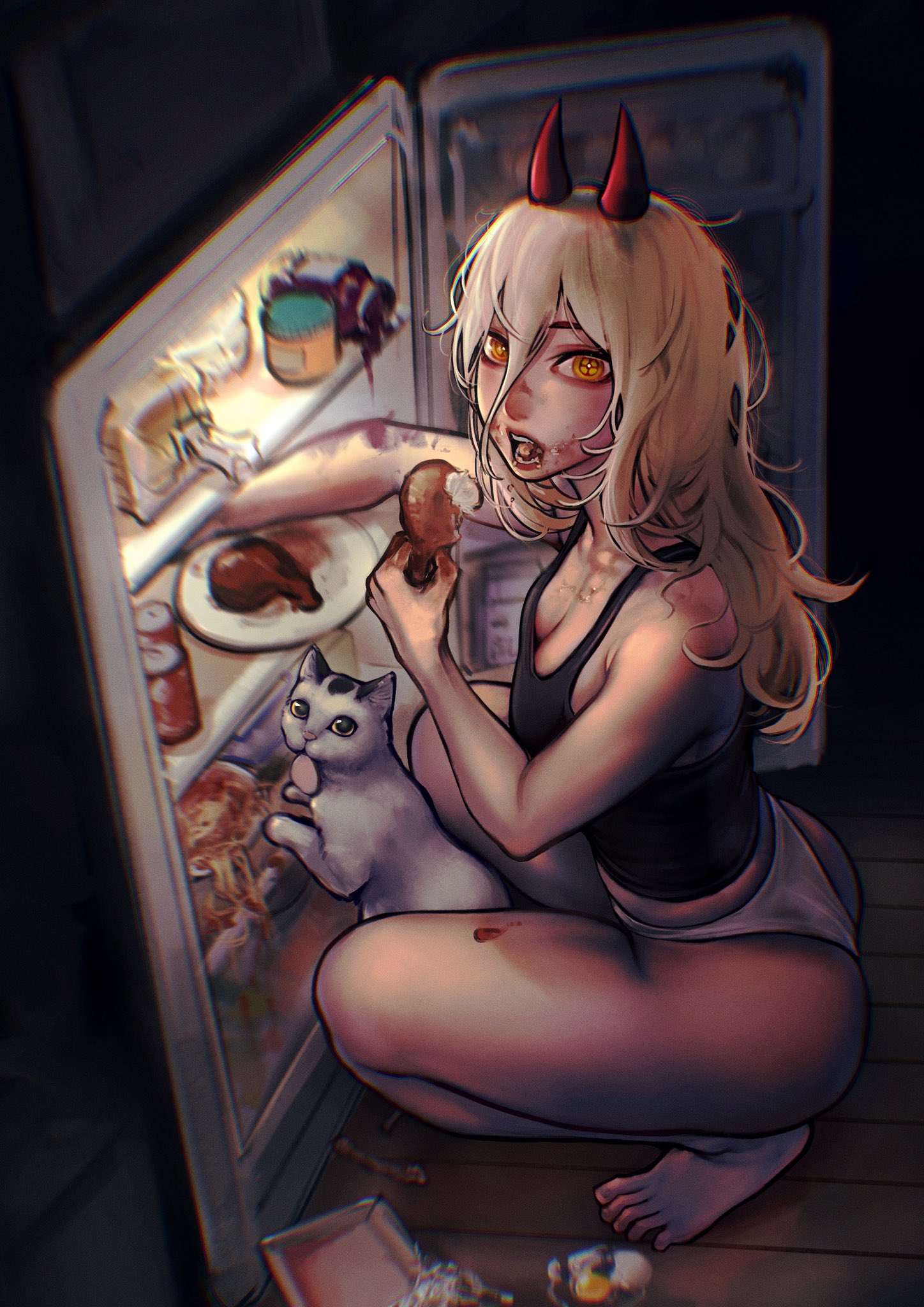 1girls, ass, ayaki777, blonde hair, breasts, cat, chainsaw man, chicken, cleavage, demon, demon girl, demon horns, eating, feet, female, food, fridge, looking at viewer, meowy (chainsaw man), midnight snack, night, panties, power (chainsaw man), squatting, tank top, thick thighs, toes