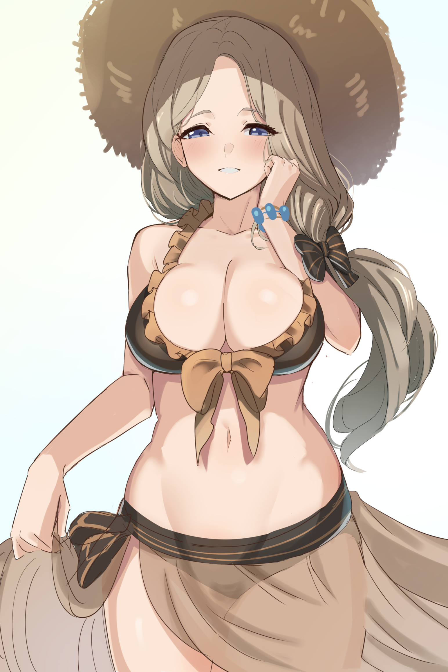 1girls, alternate costume, bikini, blonde hair, blue eyes, blush, bow, breasts, brown bikini, brown swimsuit, cleavage, closed mouth, female, female only, fire emblem, fire emblem heroes, fire emblem: three houses, hairbow, hat, highres, large breasts, long hair, looking at viewer, mercedes von martritz, mercedes von martritz (summer), navel, nintendo, official alternate costume, sarong, see-through, simple background, solo, straw hat, swimsuit, tadtadyajyaj