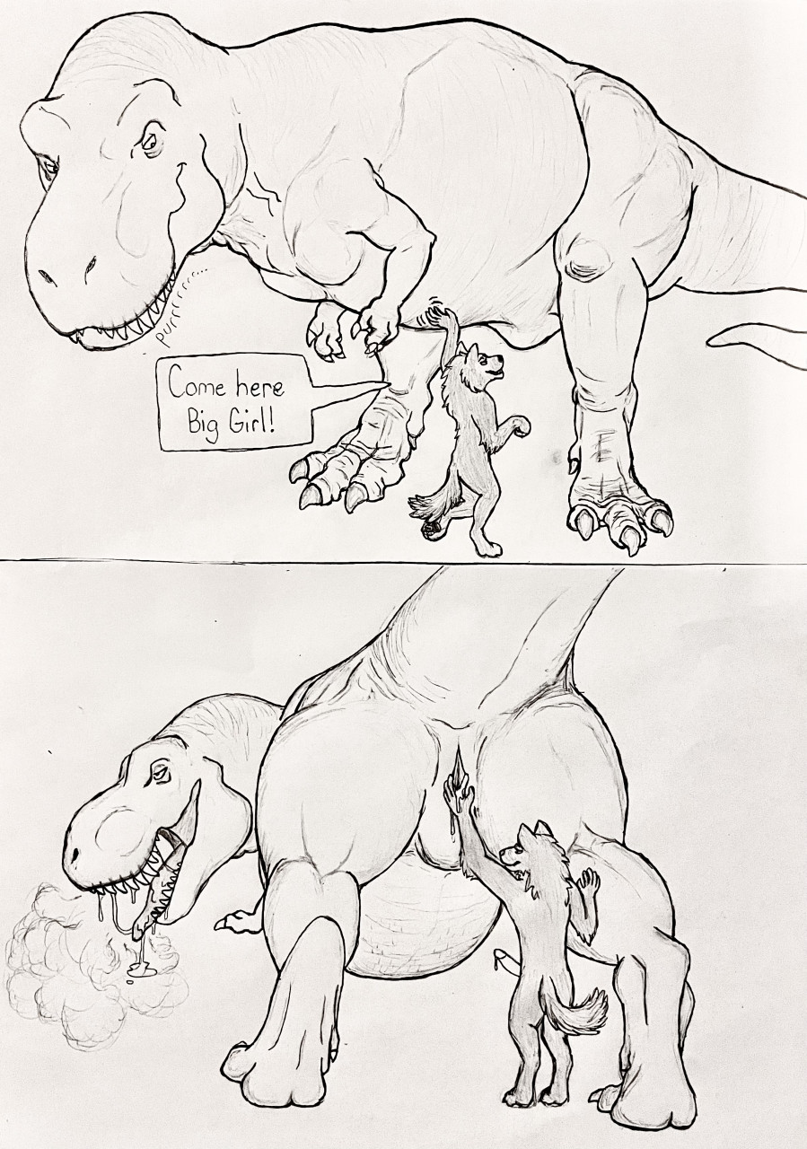 anthro ass belly_rub bodily_fluids breath canid canine cloaca_juice cloacal cloacal_fingering comic dialogue dinosaur duo extreme_size_difference female feral fingering fishing genital_fluids genitals hgythshs hi_res humanoid_genitalia humanoid_penis ink_drawing larger_female larger_feral looking_at_another looking_pleasured male male/female mammal panting penis petting_belly purring raised_tail rear_view reptile scalie side_view simple_background size_difference smaller_anthro smaller_male spread_legs spreading standing steamy_breath theropod traditional_media_(artwork) tyrannosaurid tyrannosaurus tyrannosaurus_rex zoophilia