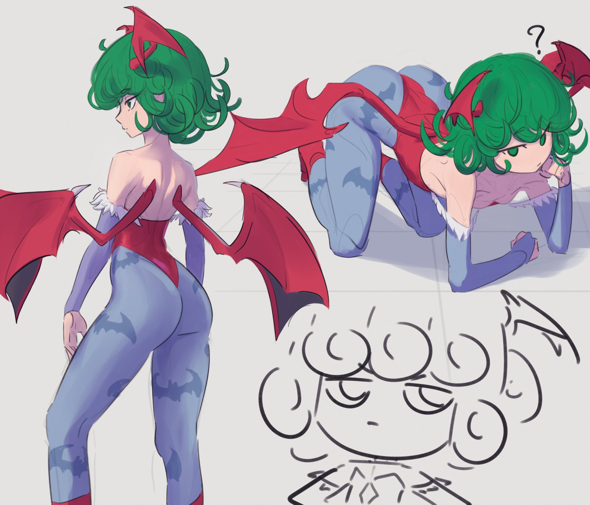 1girls, all fours, anonds31, armwear, ass, big ass, bottom heavy, child bearing hips, clothing, cosplay, darkstalkers, female, female only, flat chest, green hair, huge ass, leggings, leotard, lilith aensland (cosplay), looking at viewer, one-punch man, pear shaped, pear shaped female, pear-shaped figure, red leotard, red wings, sfw, short hair, solo, solo female, standing, tagme, tatsumaki, thick thighs, thunder thighs, topless, vampire savior, wide hips, wings, wings on head