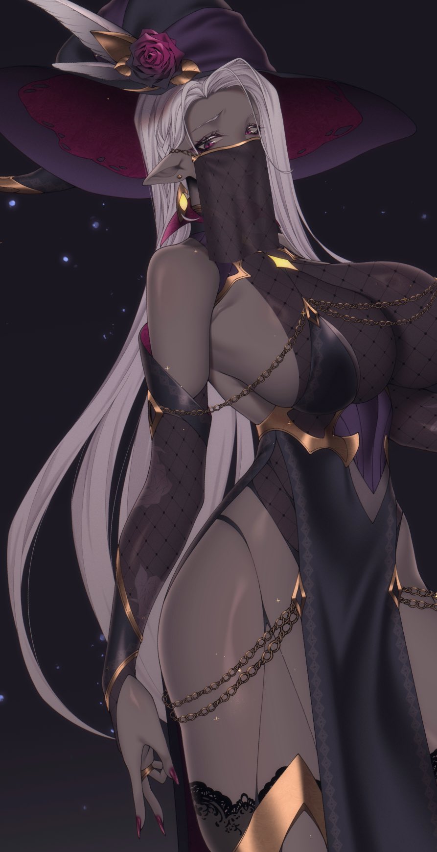 1girls 2022 big_breasts big_thighs black_clothing breasts breasts_bigger_than_head bridal_gauntlets busty cero_rains chains cleavage clothed clothed_female covered_nipples covered_pussy curvaceous curves curvy curvy_body curvy_female curvy_figure curvy_hips dark-skinned_female dark_elf dark_skin ear_piercing earrings elf eyebrows eyelashes feathers female female_focus female_only fishnet fishnet_armwear fishnet_bodysuit fishnet_topwear fishnets glistening gold gold_(metal) gold_jewelry grey_skin halloween hat_ornament hi_res highres hips hourglass_figure large_breasts large_thighs leotard loincloth long_fingernails long_hair mouth_veil original original_character ornament pink_eyes pointy_ears purple_clothing red_fingernails rose see-through see-through_clothing shiny_skin sleeveless slim slim_waist smile smiling smiling_at_viewer solo solo_female solo_focus thick_thighs thighs turtleneck veil voluptuous white_hair wide_hips witch witch_hat