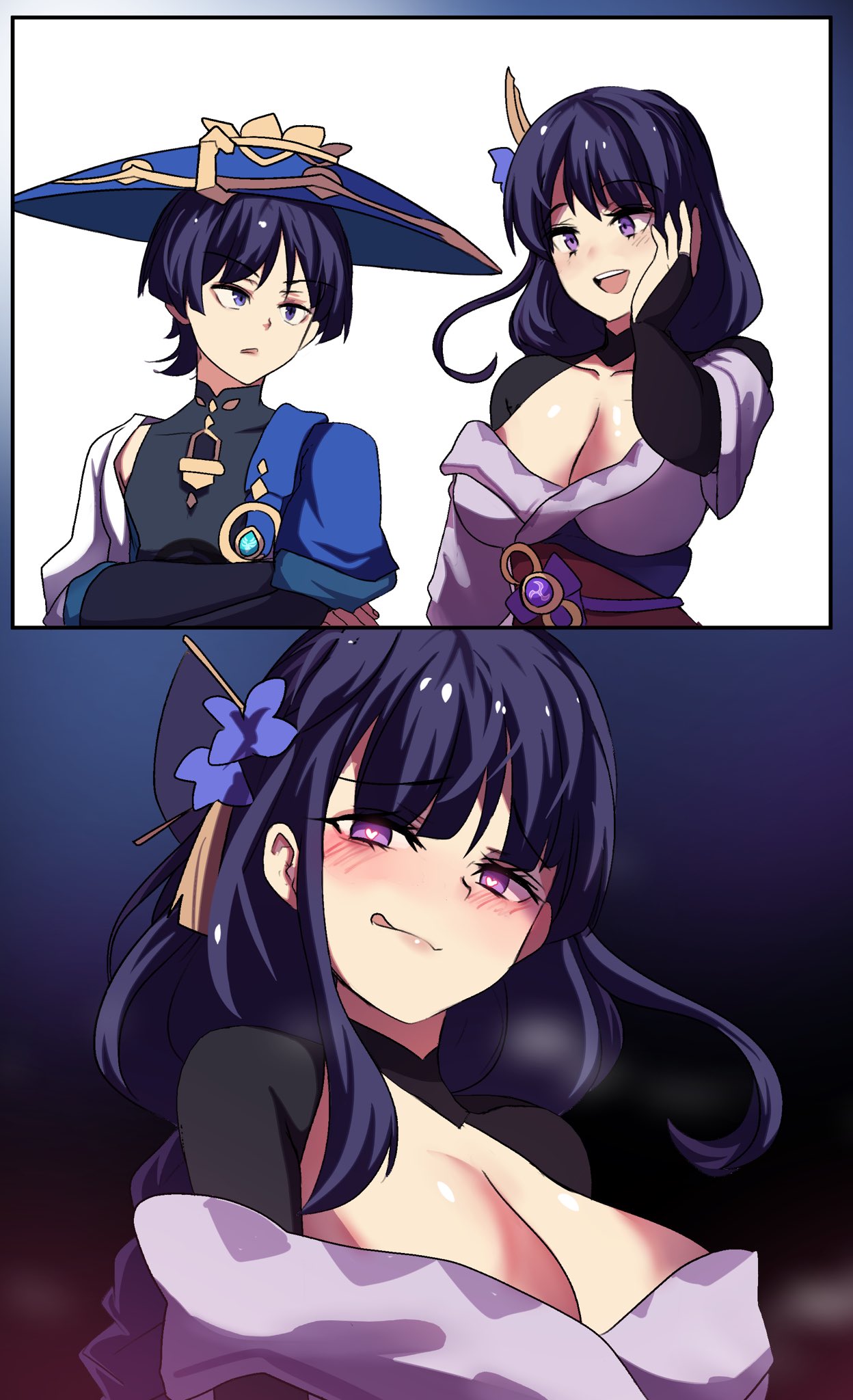 breasts, comic, female, genshin impact, hinghoi, huge breasts, implied incest, licking lips, mother and son, no text version, raiden shogun, scaramouche (genshin impact), tagme, wanderer (genshin impact)