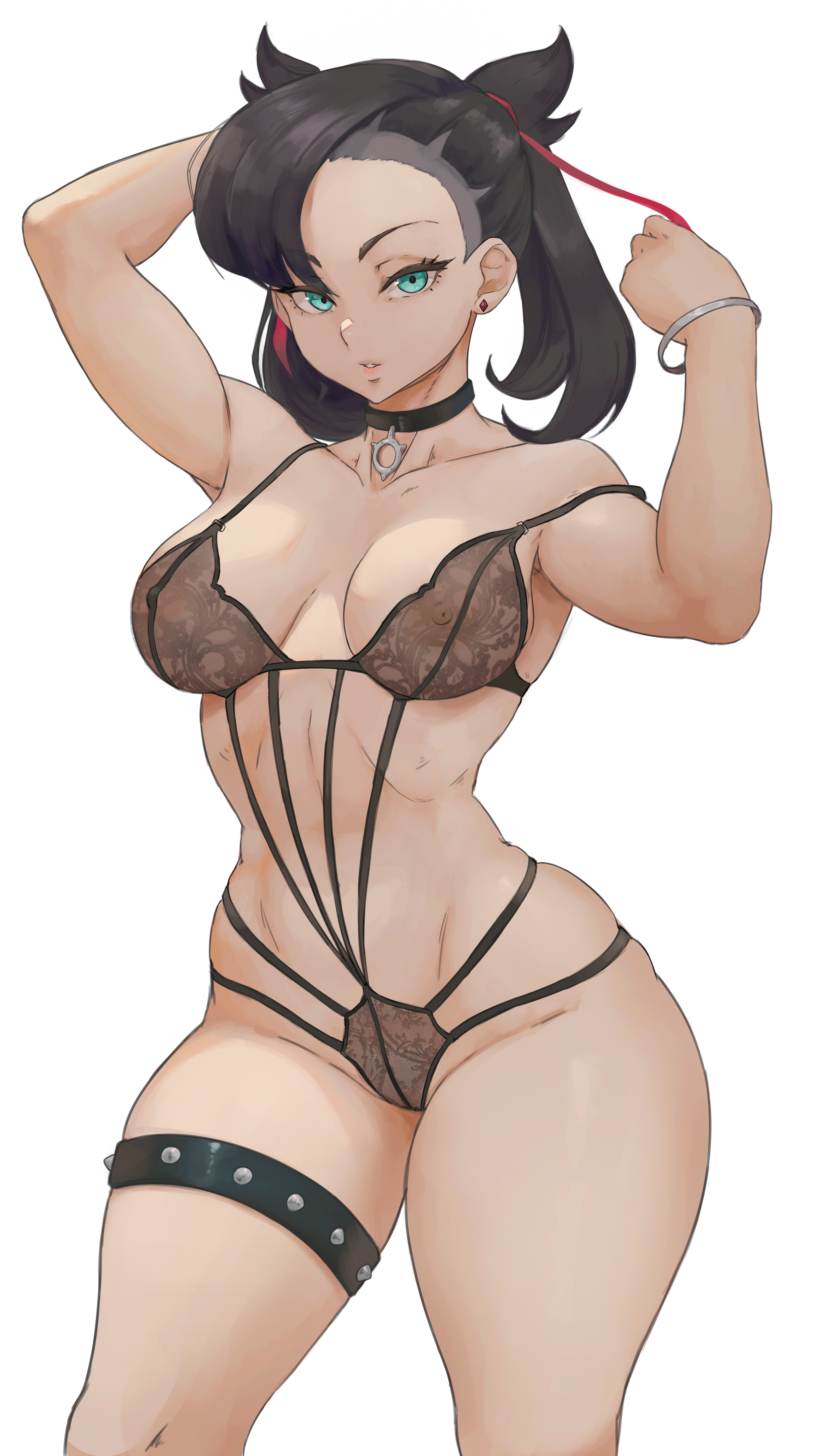 1girls, aged up, alternate breast size, black lingerie, breasts, casual, clothing, cutesexyrobutts (style), female, game freak, green eyes, hi res, hips, human, large breasts, legwear, lesottart, light skin, light-skinned female, lingerie, marnie (pokemon), neckwear, nintendo, nipples visible through clothing, pale skin, pokemon, pokemon ss, see-through, see-through clothing, short hair, slim waist, thick thighs, thighs, twintails, wide hips, wristwear