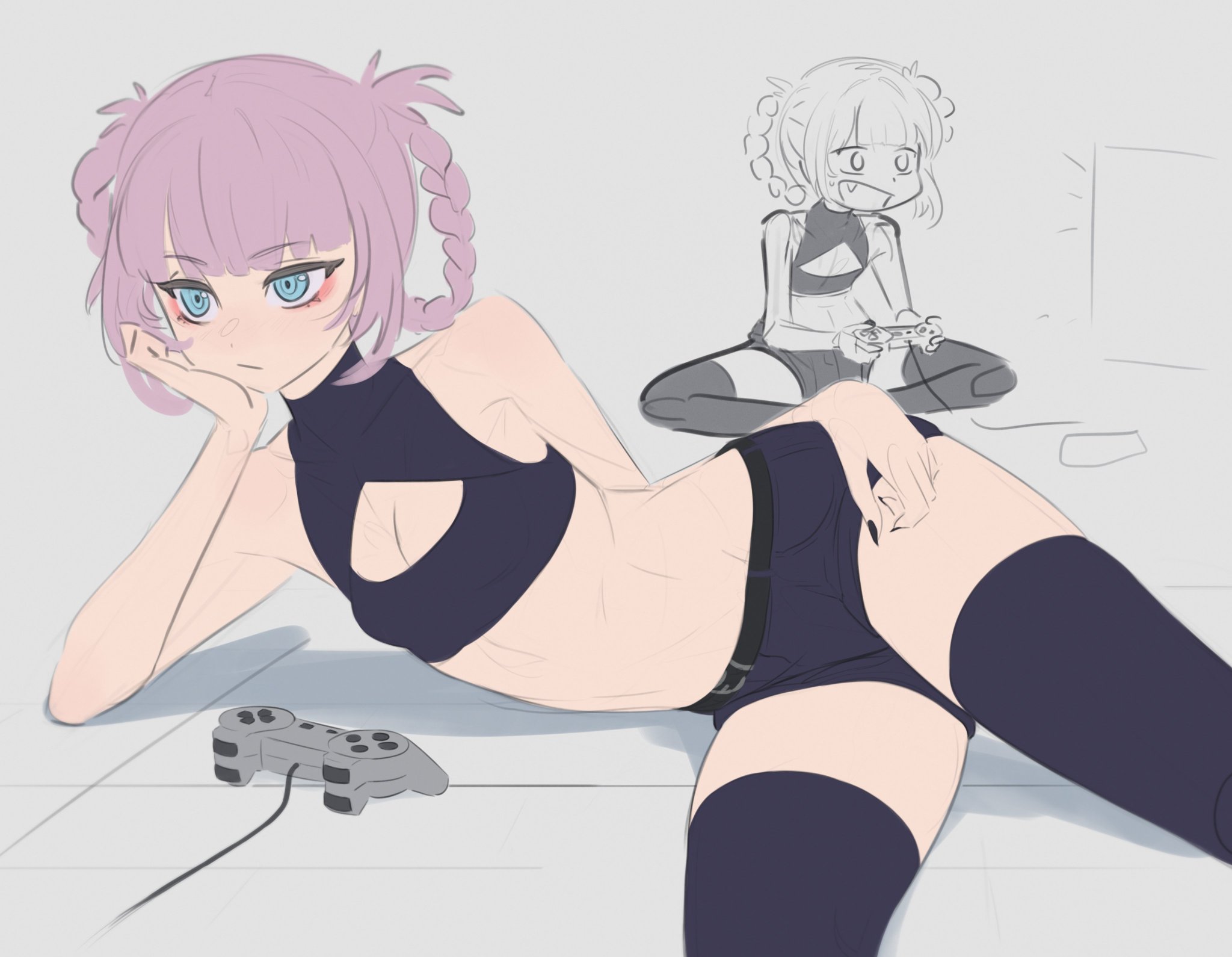 :d, 1girls, anonds31, black nails, blue eyes, breasts, clothed, eyeshadow, female, female focus, female only, flat chest, laying, nanakusa nazuna, pale skin, pigtails, pink hair, playing videogame, short shorts, small breasts, solo, solo female, solo focus, tagme, vampire, yofukashi no uta