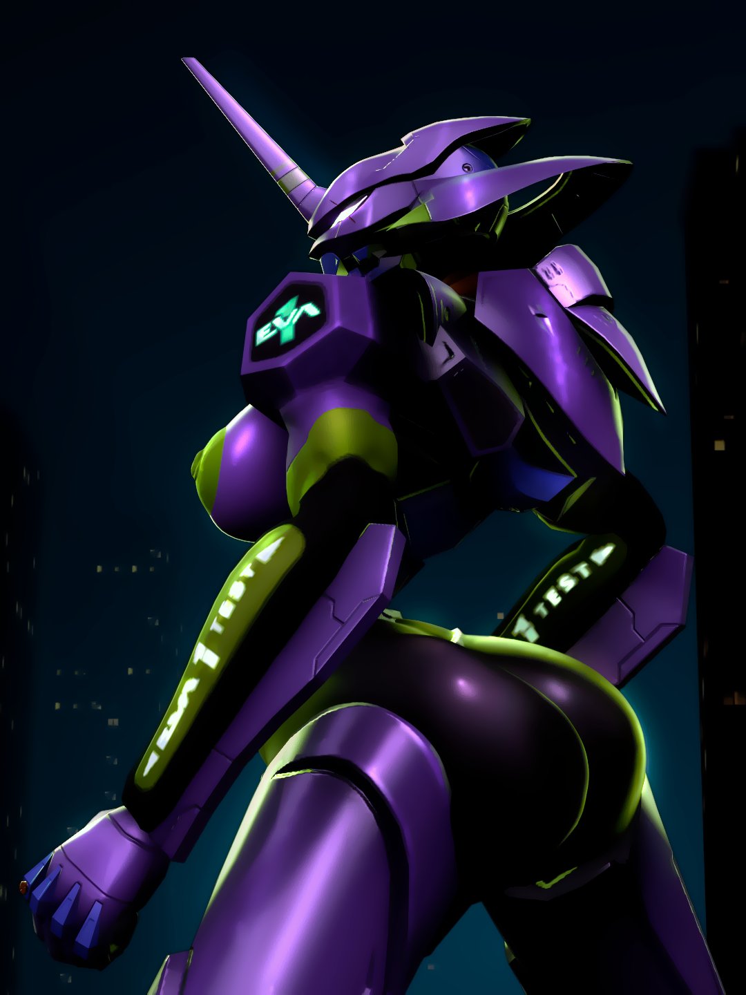 1girls armor ass ass_focus big_ass big_breasts bodysuit breasts bubble_butt chewychan city_background cowboy_shot curvy eva_01 evangelion_(mecha) female huge_ass humanoid mecha neon_genesis_evangelion night nipples pinup purple_body rear_view rebuild_of_evangelion robot robot_girl solo tagme thick_thighs voluptuous wide_hips