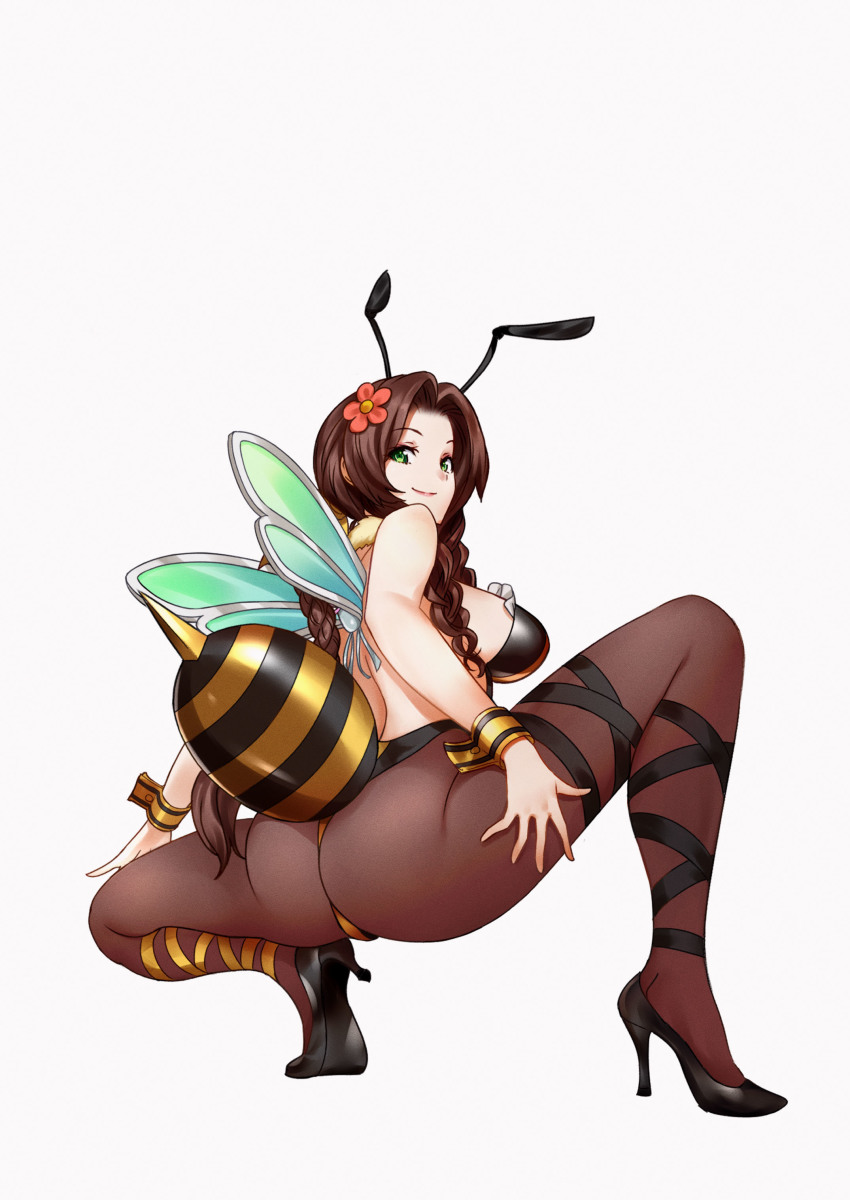 1girls aerith_gainsborough antennae ass bee bee_costume bee_girl bee_wings braided_ponytail breasts brown_hair final_fantasy final_fantasy_vii flower_in_hair green_eyes high_heels highleg highleg_leotard honey_bee_inn leotard looking_at_viewer looking_back medium_breasts pantyhose ponytail squatting stinger strapless_leotard tabobox wings wrist_cuffs