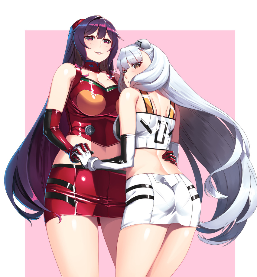 2girls ass breasts choker cosplay crop_top crossover crossover_cosplay female_admiral_(kantai_collection) female_only gloves hair_ornament hand_on_hip hie_(hiememiko) hiememiko holding_hands kantai_collection large_breasts long_hair looking_at_viewer looking_back medium_breasts midriff multiple_girls murakumo_(kantai_collection) neon_genesis_evangelion purple_hair race_queen red_crop_top red_eyes red_skirt rei_ayanami_(cosplay) skirt white_crop_top white_hair white_skirt yellow_eyes yuri