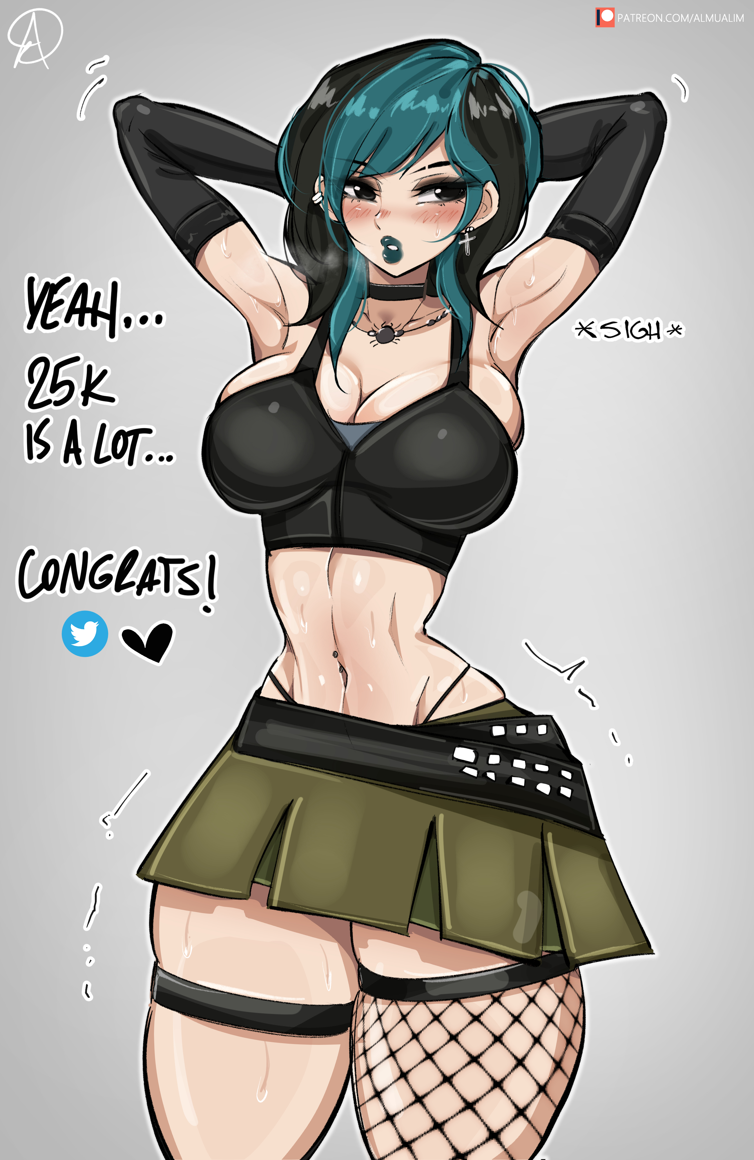 1girls, almualim, arms behind head, big breasts, black eyes, black hair, blue hair, blue lipstick, blush, blushing, breasts, bursting breasts, cartoon network, choker, cleavage, elbow gloves, female, female focus, female only, fishnet, fishnet legwear, fishnets, follower celebration, goth, goth girl, gwen (tdi), large breasts, lipstick, midriff, milestone celebration, multicolored hair, necklace, short hair, skirt, small waist, solo, solo female, solo focus, thick thighs, thighhighs, thong above skirt, total drama island, two-tone hair, wide hips