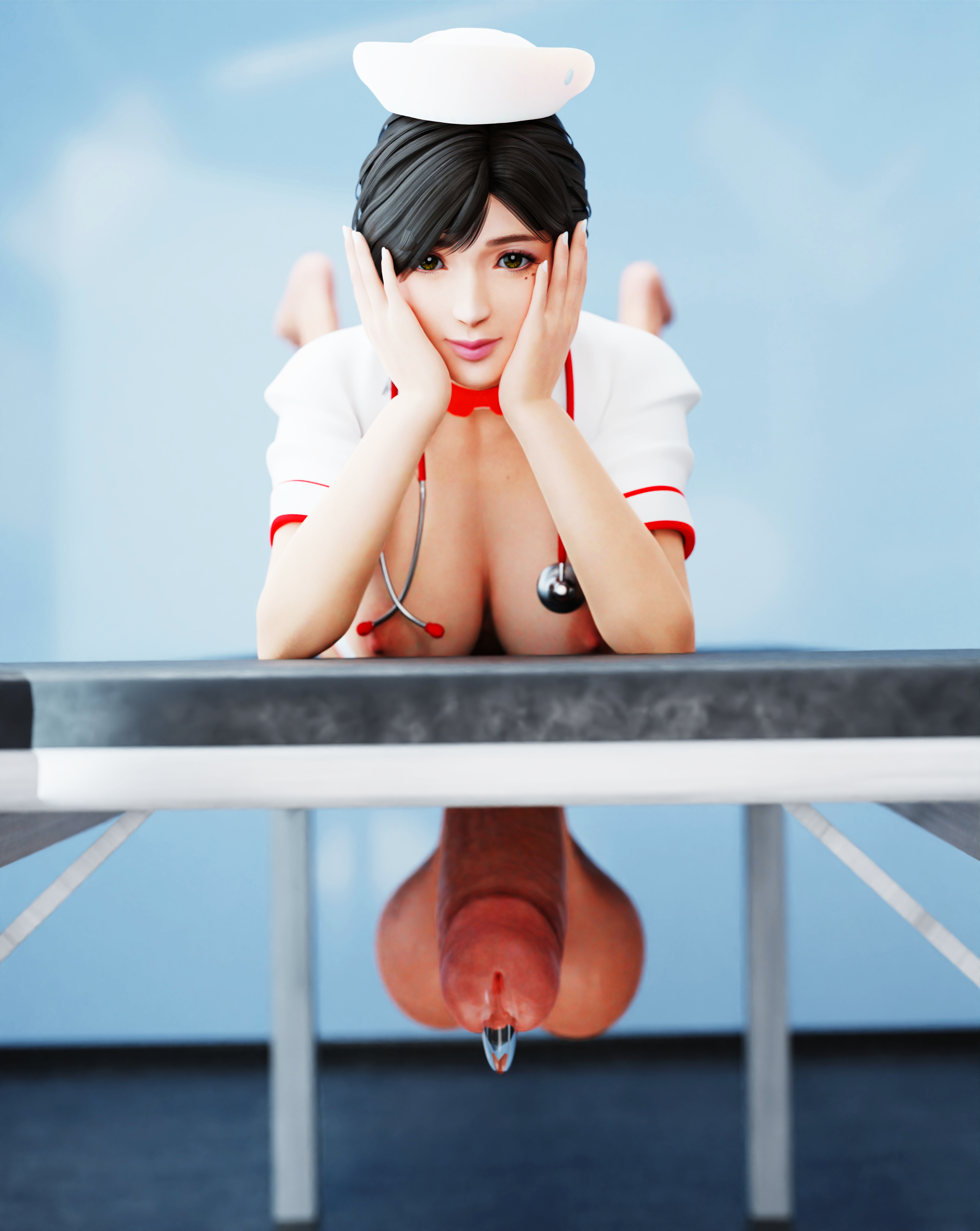;d, :d, 3d, 3d (artwork), balls, big breasts, big penis, black hair, breast exposed, breasts, breasts out, cock, dead or alive, dead or alive xtreme venus vacation, erection, feet up, foreskin, fully retracted foreskin, futa only, futanari, hi res, intersex, large penis, laying down, looking at viewer, milking table, nurse, nurse cap, nurse hat, nurse uniform, penis, ponytail, precum, retracted foreskin, sayuri (dead or alive), self upload, smile, smiling, solo futa, testicles, uncircumcised, uncut, wet cheetos